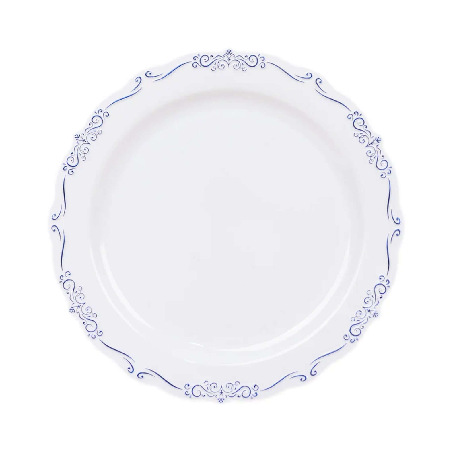 10-Pack Plastic 10" Round Dinner Plates in White with Blue Vintage Embossed Rim - Sturdy Disposable Scalloped Edge Party Plates