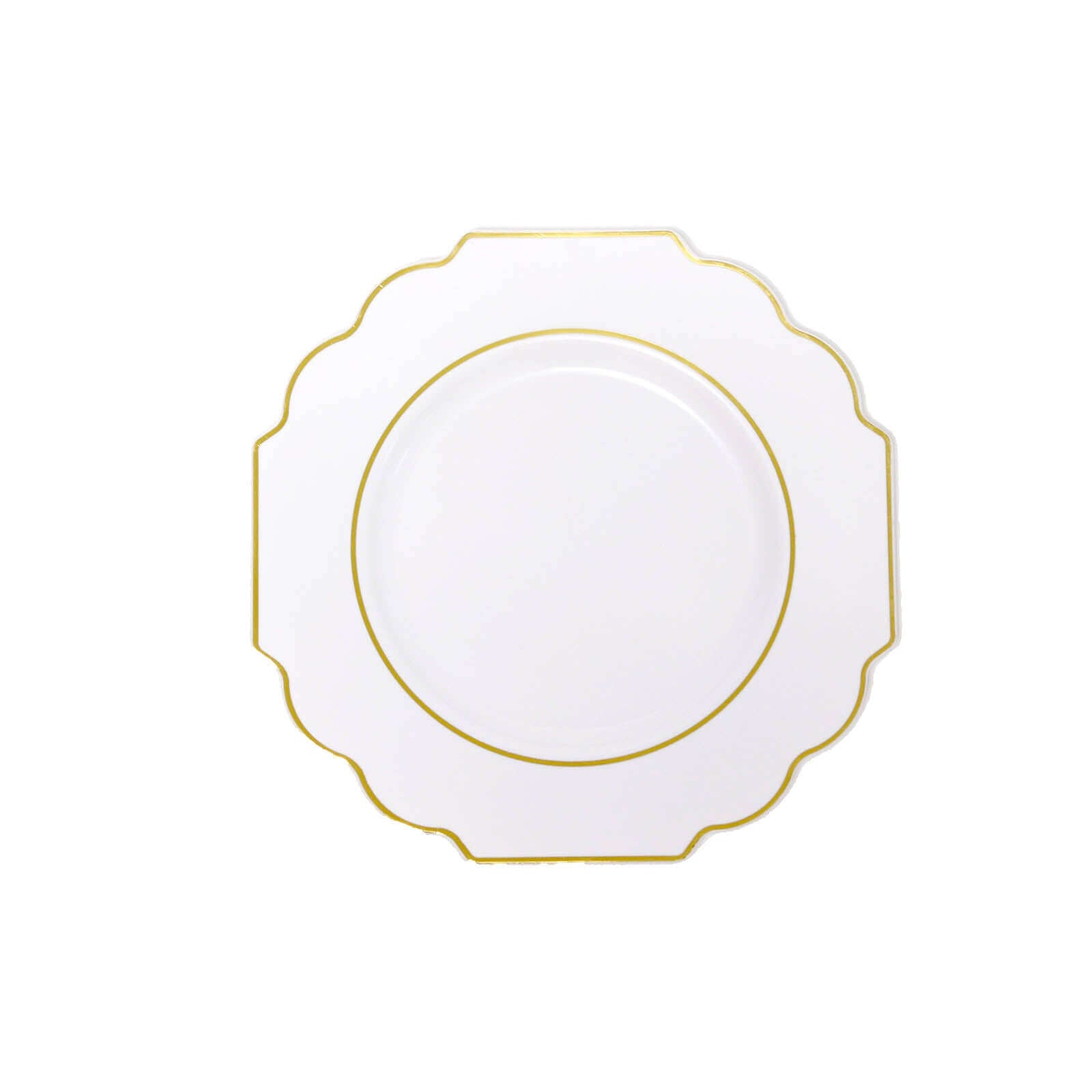 10-Pack Plastic Dessert Appetizer Plates in White Baroque Design with Scalloped Gold Rim - Heavy Duty Disposable Salad Plates for Formal Events & Banquets 8"