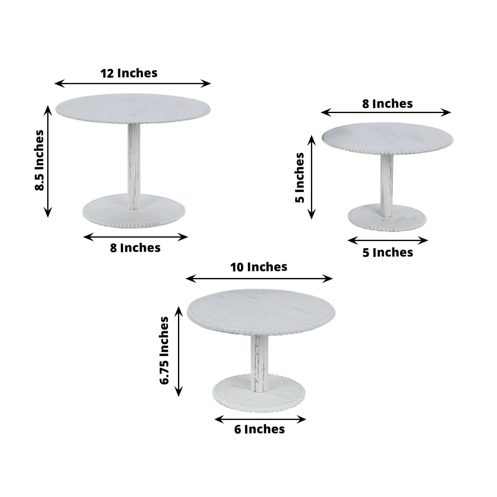 Set of 3 Wooden Pedestal Cake Stands Whitewash with Round Beaded Rim Trays - Stackable Rustic Cupcake Display 8", 10", 12"
