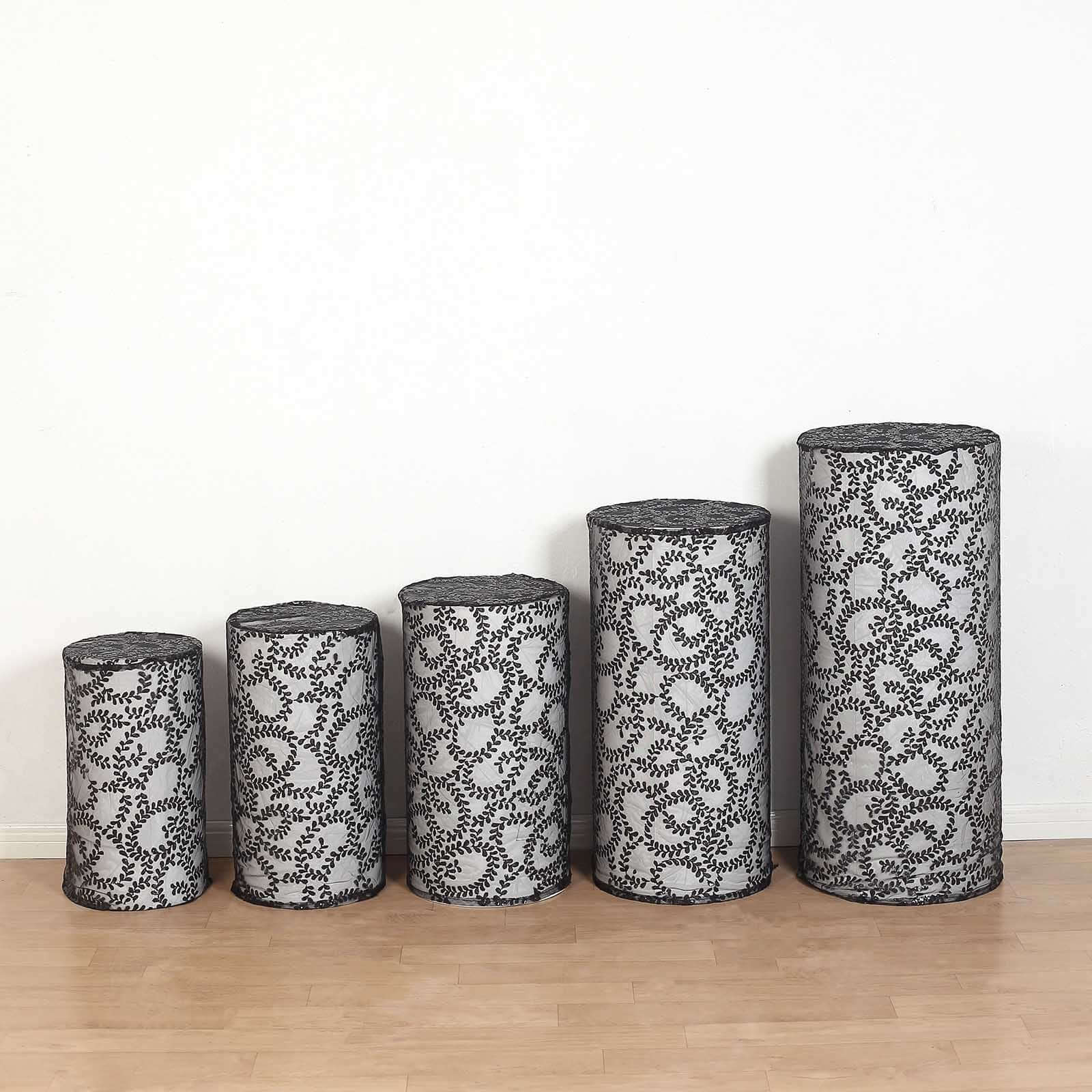 Set of 5 Black Sequin Mesh Cylinder Pedestal Stand Covers with Leaf Vine Embroidery, Sparkly Sheer Tulle Pillar Prop Covers