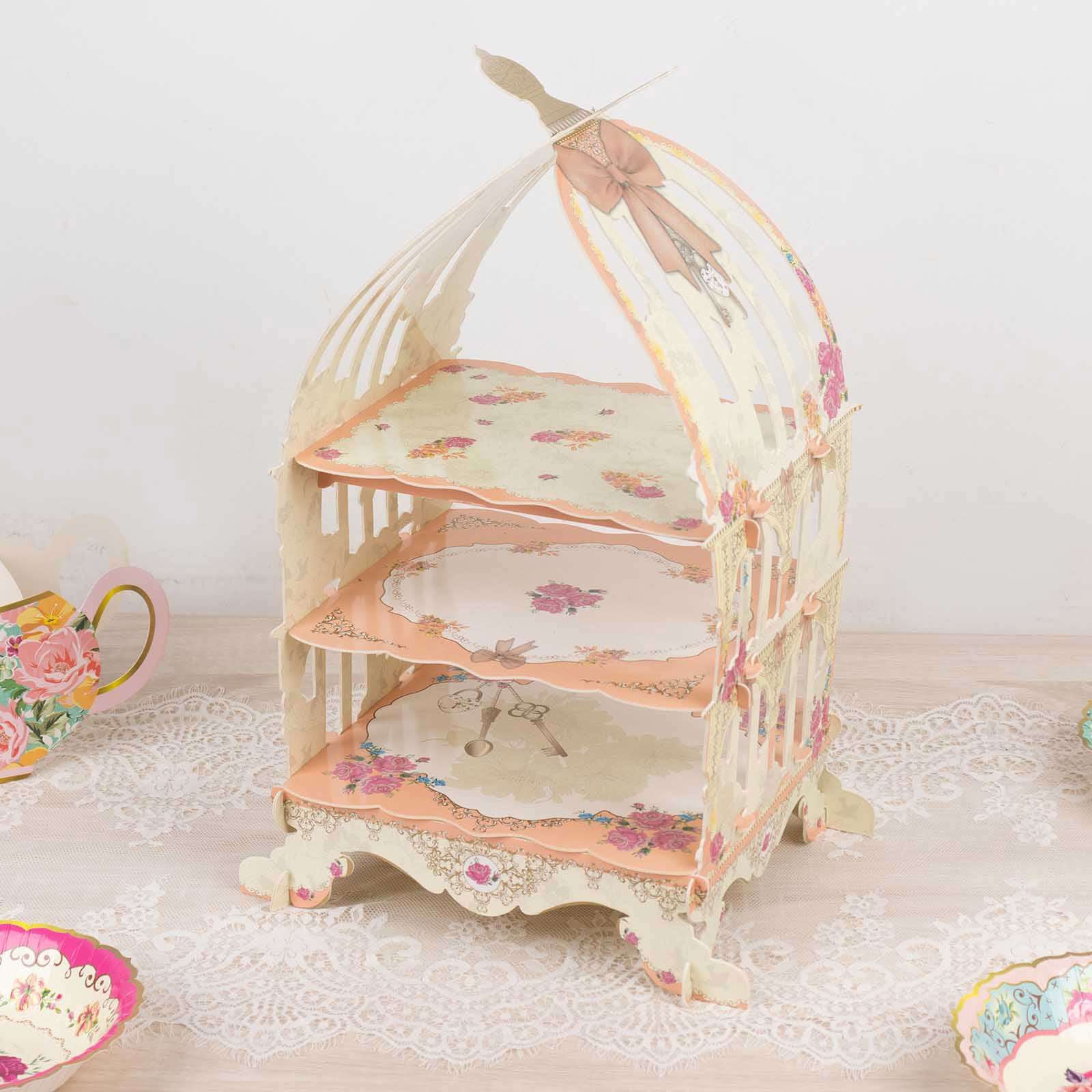3 Tier Cardboard Cupcake Stand White/Peach Birdcage Style - Charming Reusable Cake Display Holder with Floral Print for Dessert Bars Afternoon Teas & Party Decor 18"
