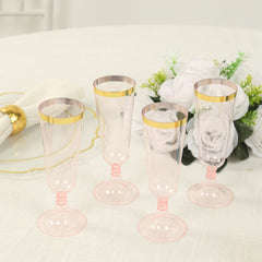 12-Pack Plastic Champagne Flutes Transparent Blush with Gold Rim - Stylish Disposable Cocktail Glasses for Parties 5oz 6"