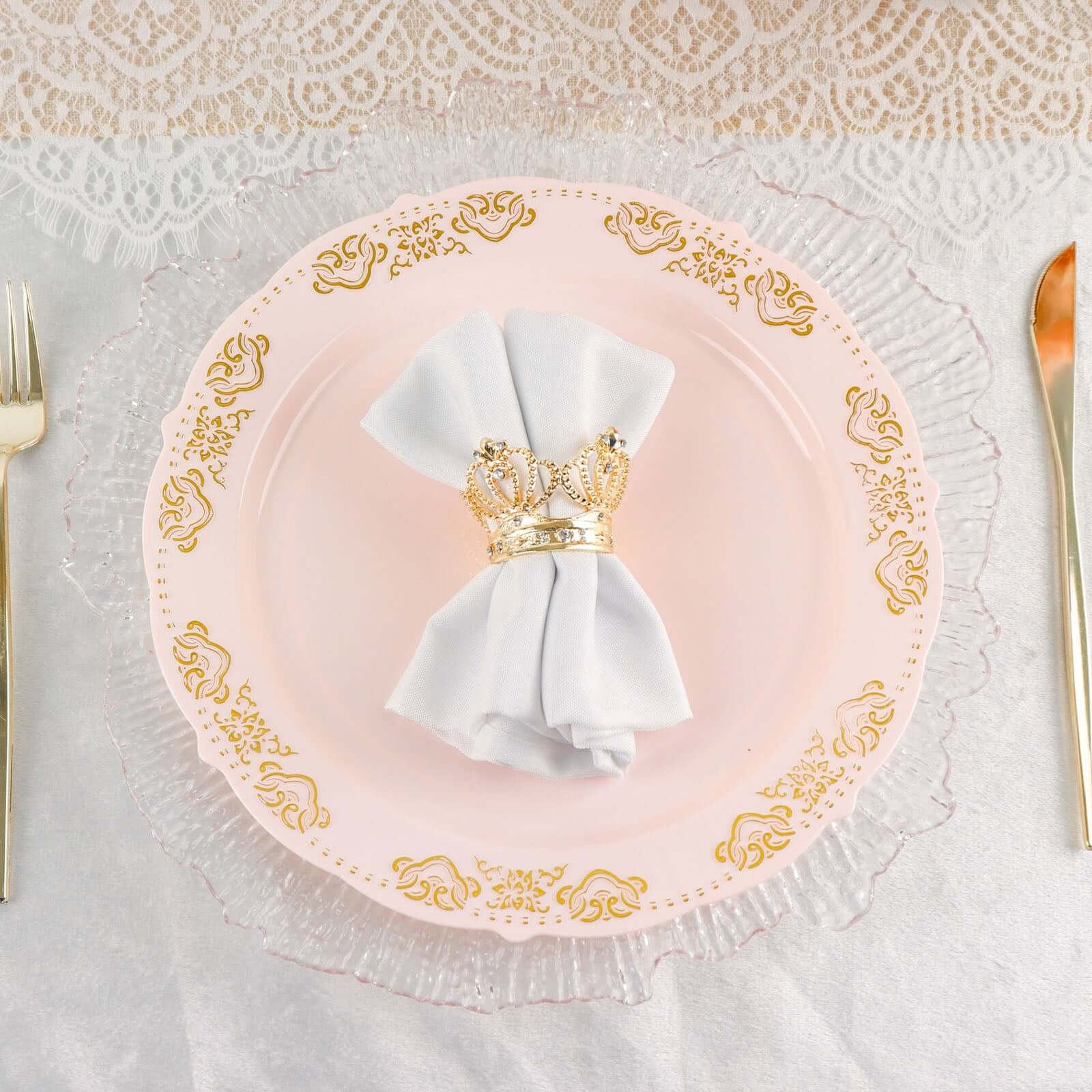 10-Pack Plastic 10" Round Dinner Plates in Blush with Gold Embossed Scalloped Edge - Chic Disposable Party Plates for Special Occasions & Banquets