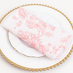 5 Pack Polyester 20"x20" Dinner Napkins White with Pink French Toile Pattern - Reusable Floral Cloth Napkins