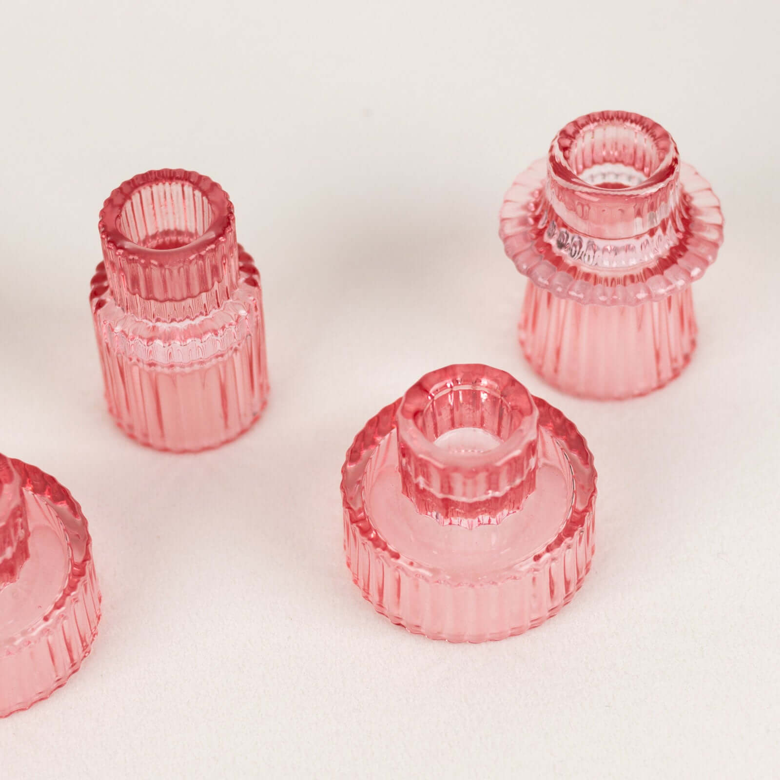 Set of 6 Glass Taper Candle Holders Ribbed Crystal Design Pink - Reversible Mini Votive Tealight Stands 3"