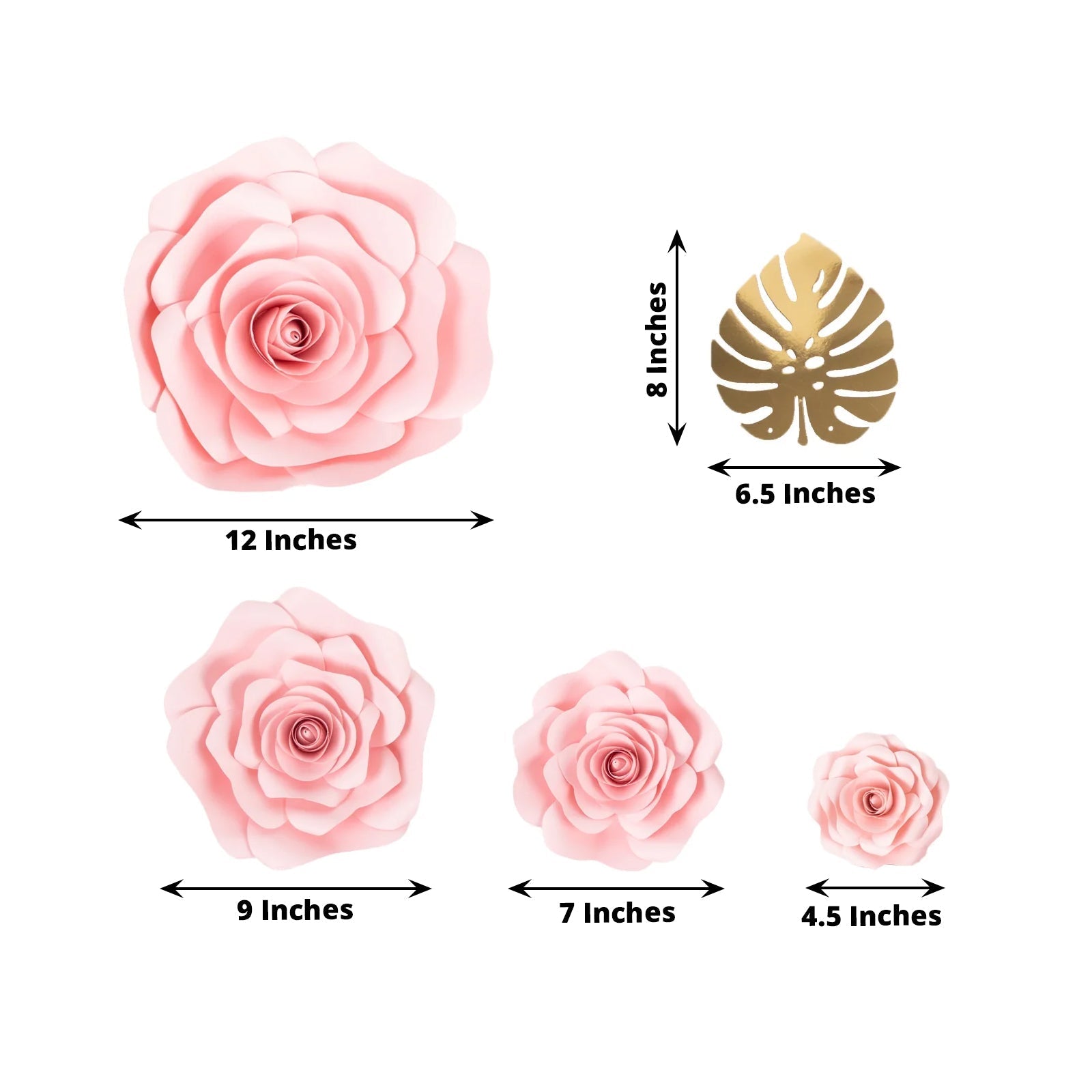 Set of 9 Pink 3D Rose Paper Flowers with Gold Tropical Palm Leaves, Party Flower Backdrop Hanging Wall Decor