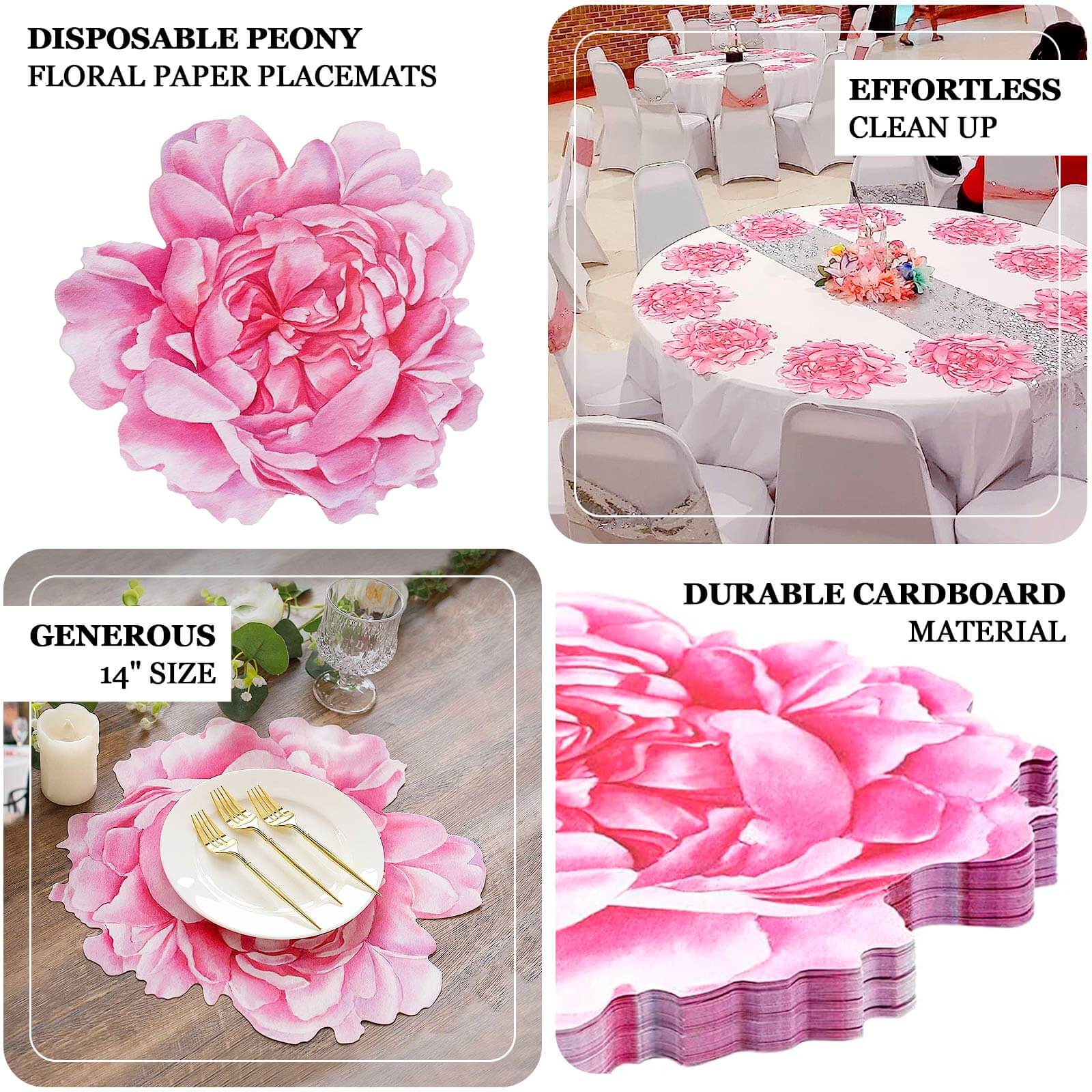 10-Pack Disposable Table Placemats with Pink Peony Flower Print - 400GSM Floral Cardboard Placemats for Dinner Parties & Gatherings 14"