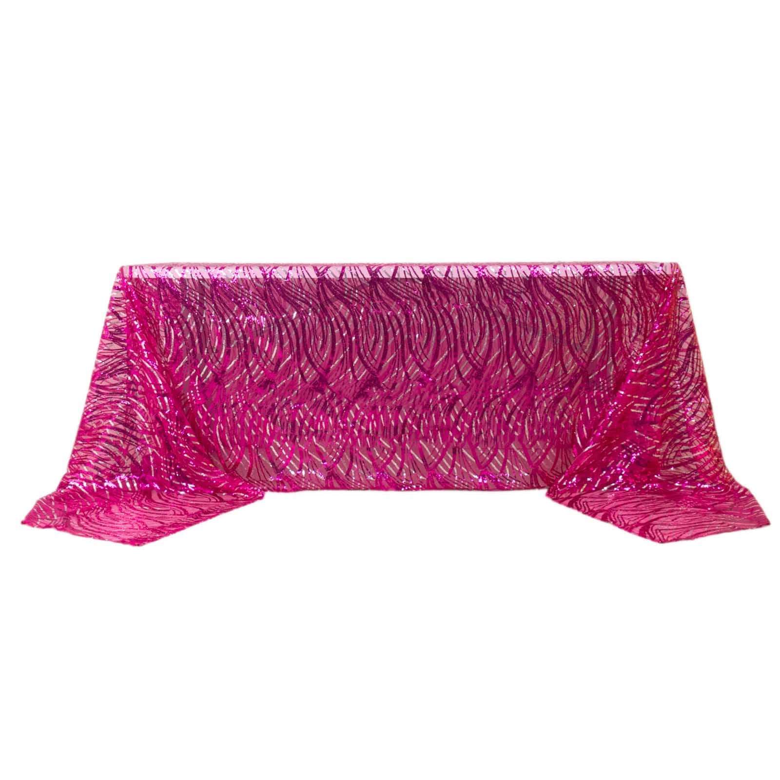 Mesh 90"x156" Rectangle Tablecloth Fuchsia/Silver - Wave Sequin Embroidered Table Cover