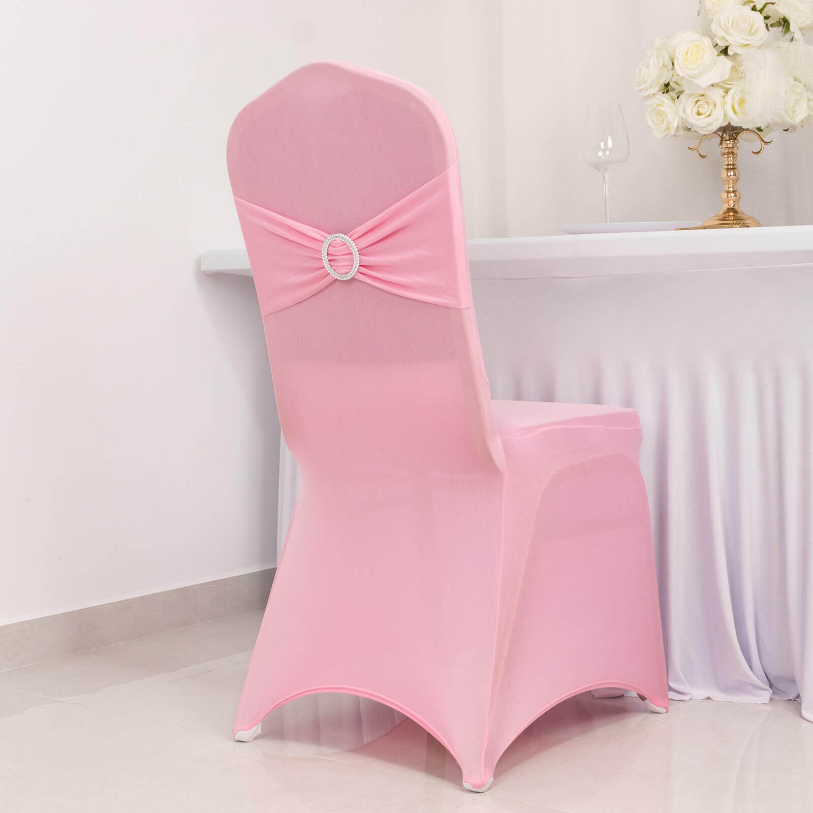 Spandex Chair Cover with Silver Rhinestone Buckled Sash Band Pink - Stretch Fitted Slipcover