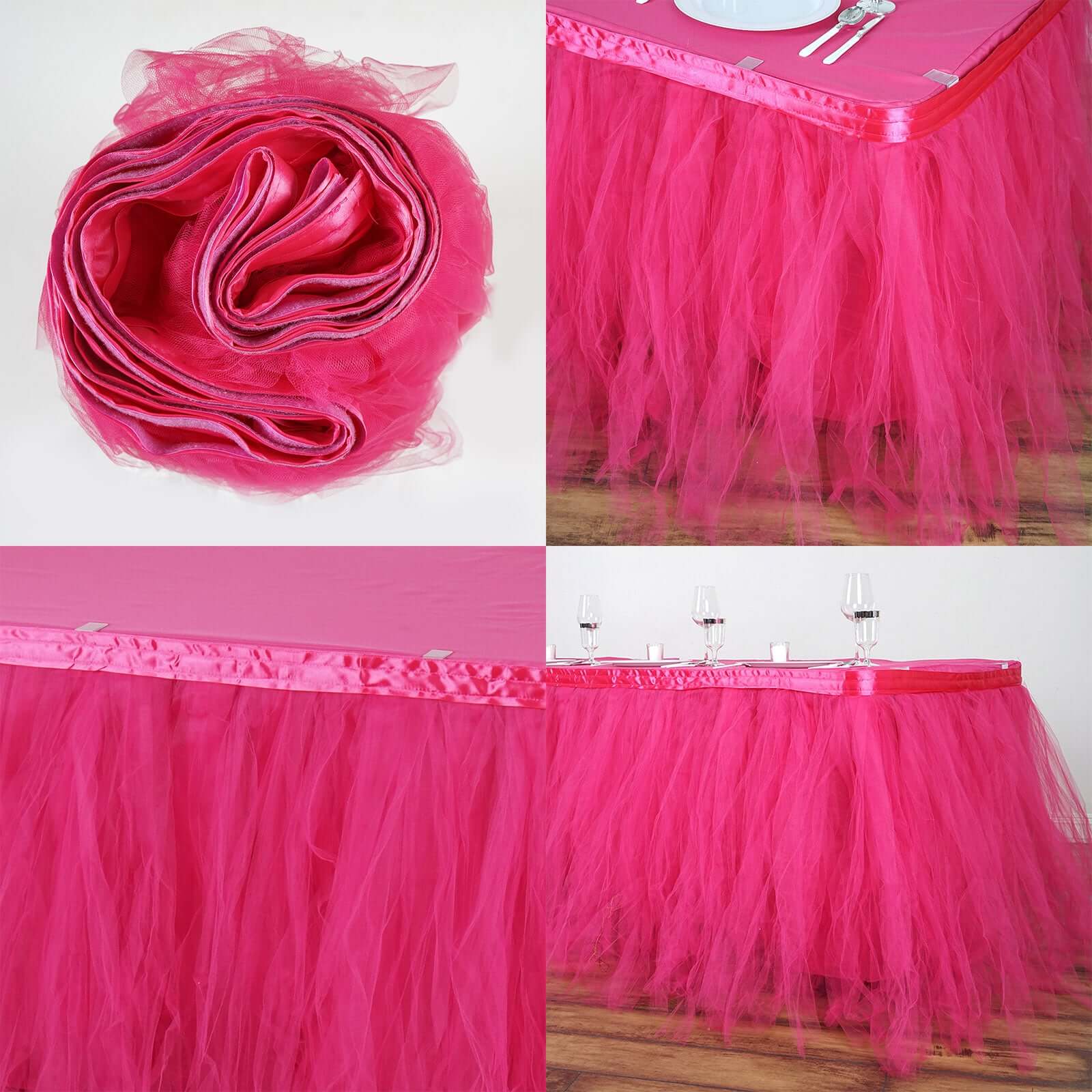 Tulle 14ft Table Skirt Fuchsia - 4 Layer Pleated Tutu Table Cover