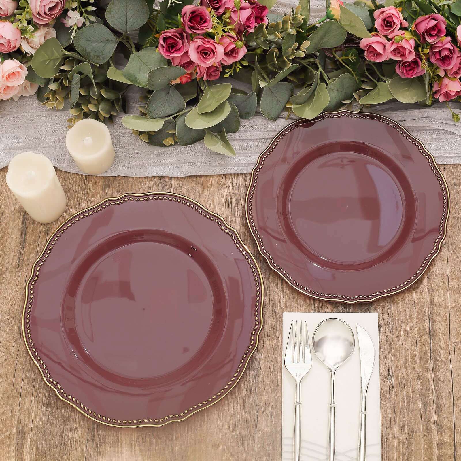 10-Pack Plastic 10" Dinner Plates in Cinnamon Rose with Gold Scalloped Rim - Disposable Large Party Plates