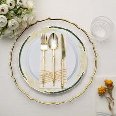 10-Pack Plastic 10" Round Dinner Plates in White with Hunter Emerald Green Rim for Events