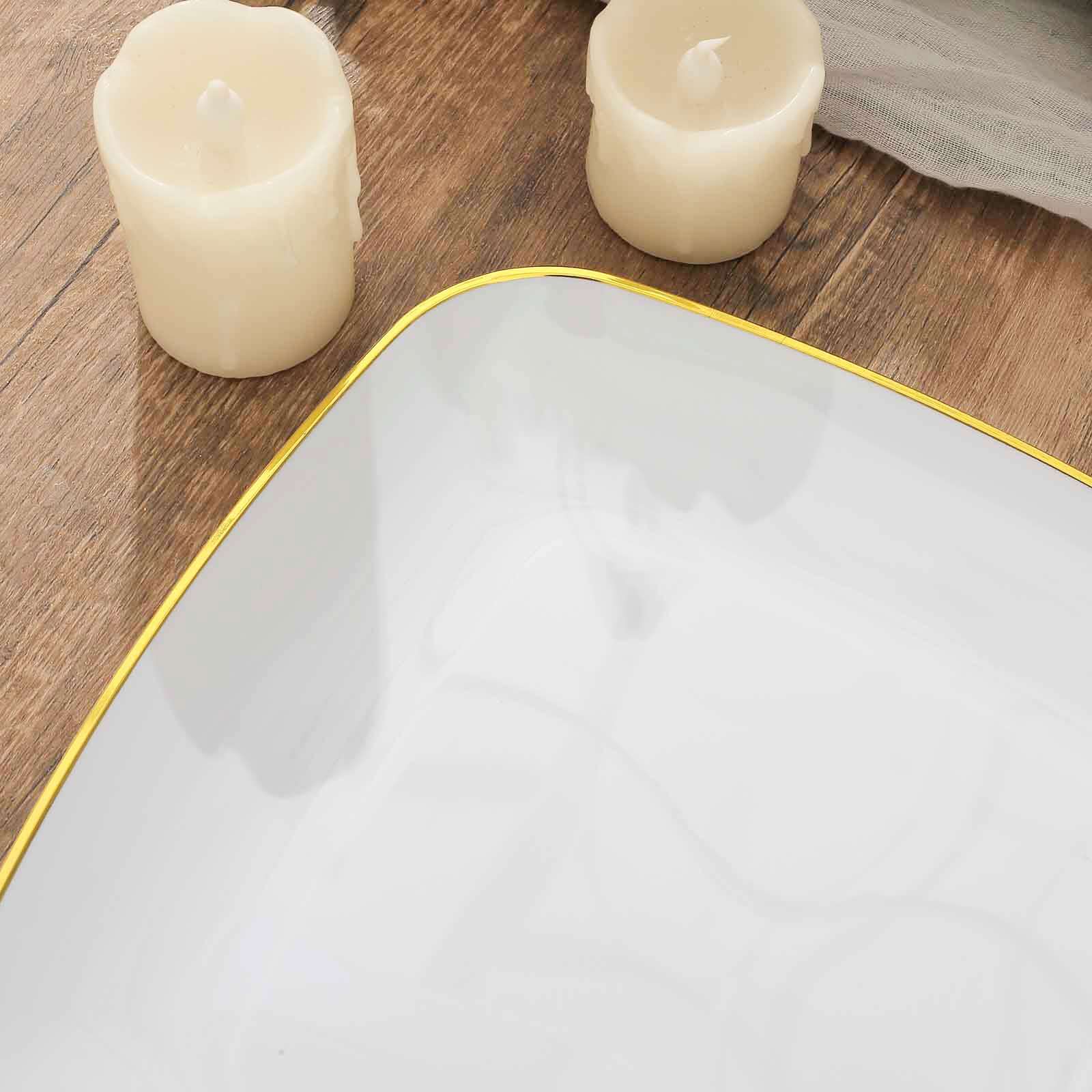 10-Pack Plastic 10" Square Dinner Plates in White with Gold Rim - Classy Disposable Lunch Party Plates for Weddings & Special Events