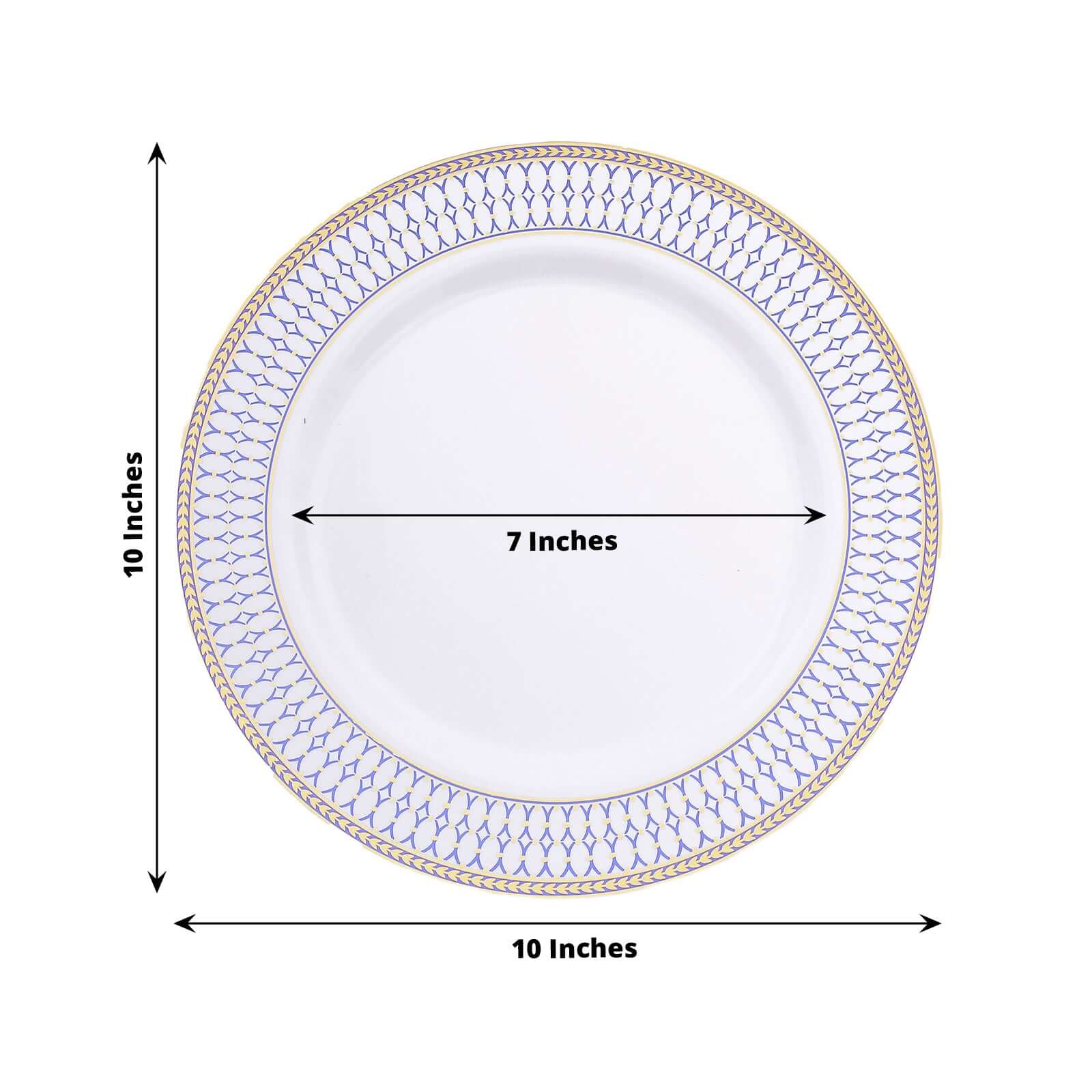 10-Pack Plastic 10" Round Dinner Plates in White with Gold Navy Blue Chord Rim - Renaissance Style Disposable Plates for Events & Banquets