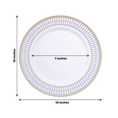 10-Pack Plastic 10" Round Dinner Plates in White with Gold Navy Blue Chord Rim - Renaissance Style Disposable Plates for Events & Banquets