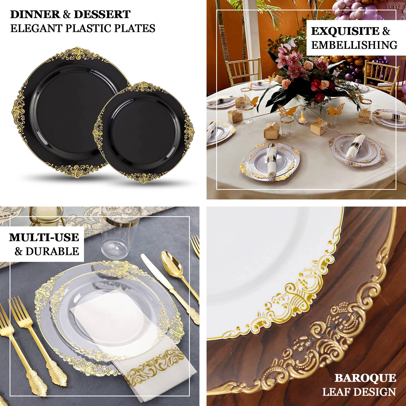 10-Pack Plastic 8" Round Dessert Plates in Purple with Gold Leaf Embossed Rim - Disposable Vintage Baroque Style Salad Plates