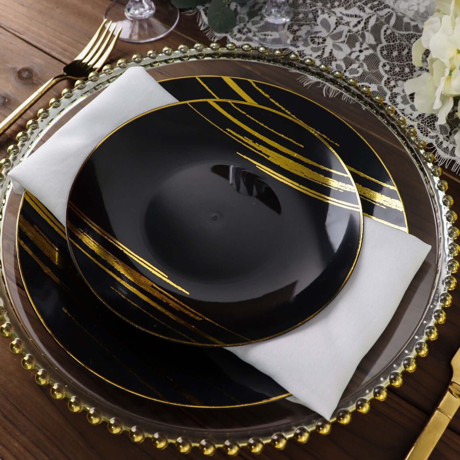 10-Pack Plastic 7" Round Dessert Plates in Black with Gold Brush Stroked Print - Disposable Appetizer Salad Plates for Modern Themed Events & Banquets