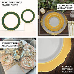 10-Pack Plastic 10" Round Dinner Plates in White with Gold Blossom Design & Gold Edging - Disposable Party Plates for Modern & Classy Table Decor