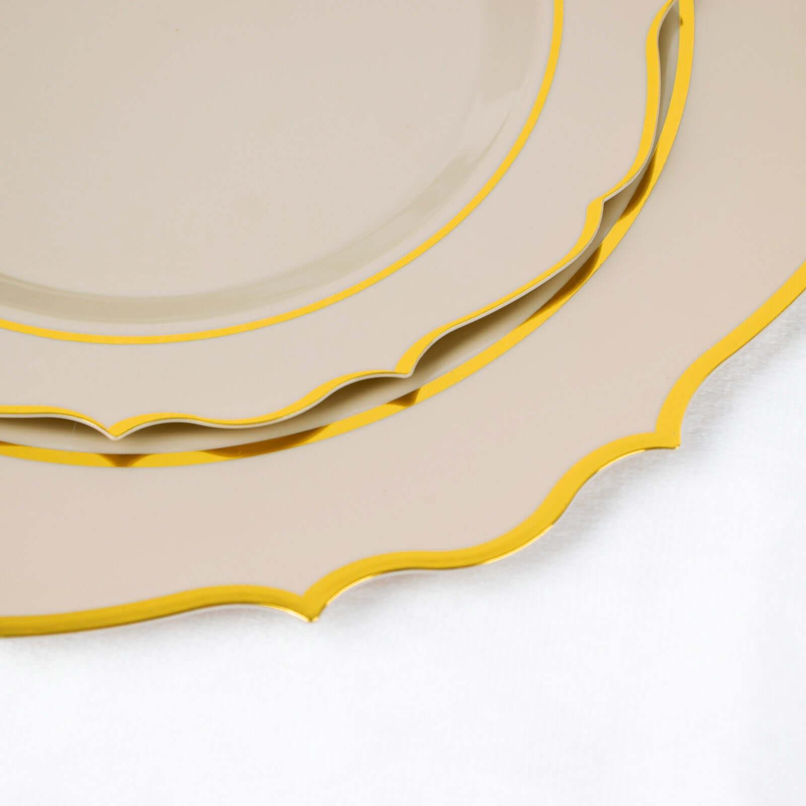 10-Pack Plastic 8" Round Dessert Plates in Taupe with Gold Scalloped Rim - Disposable Appetizer/Salad Plates