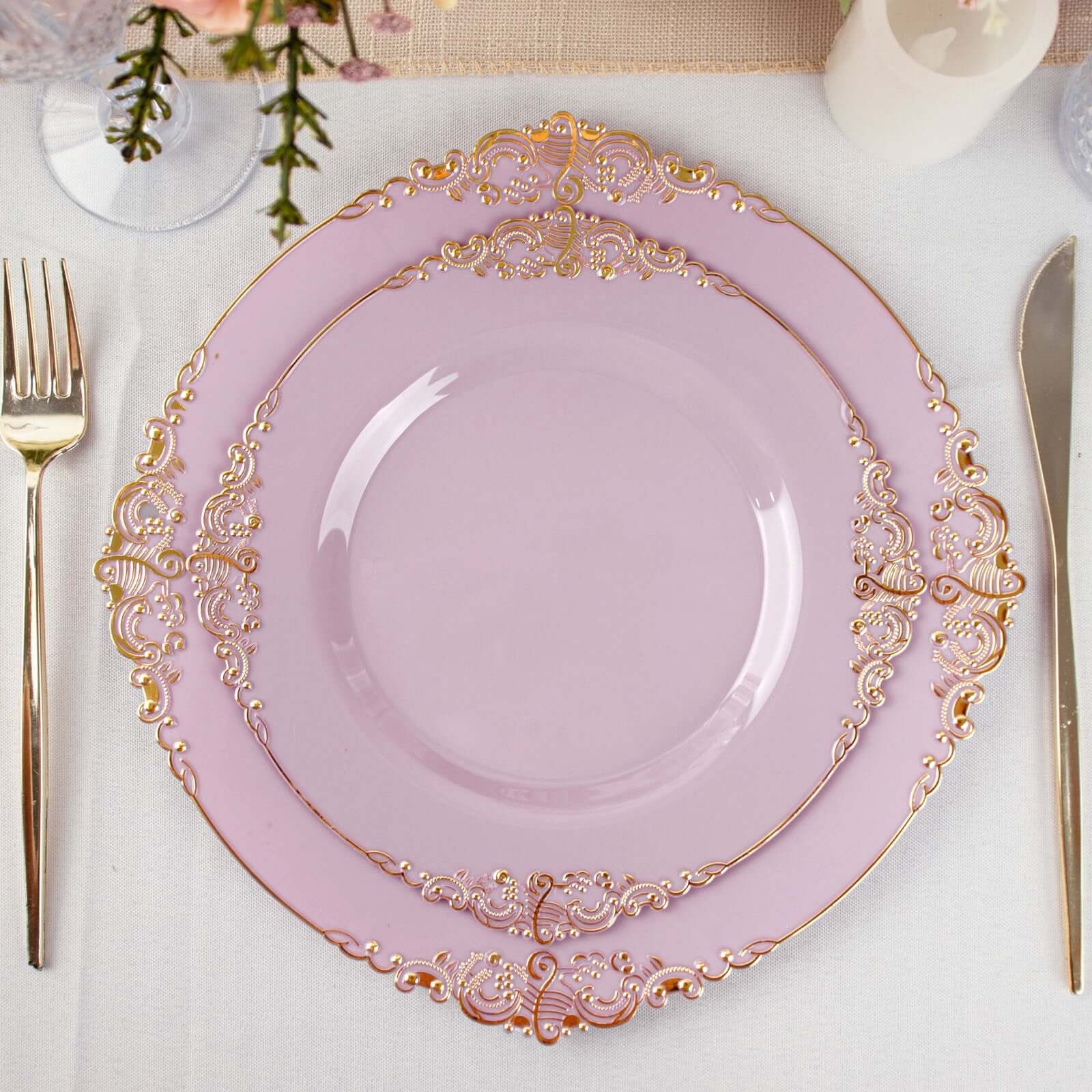 10-Pack Plastic 8" Round Dessert Plates in Lavender Lilac with Gold Leaf Embossed Rim - Disposable Vintage Baroque Style Salad Plates