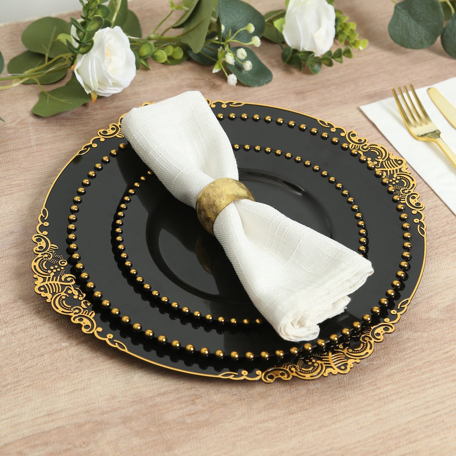 20-Pack Economy Plastic Round Charger Plates 13" in Black with Gold Embossed Baroque Rim, Stylish Dinner Party Serving Plates