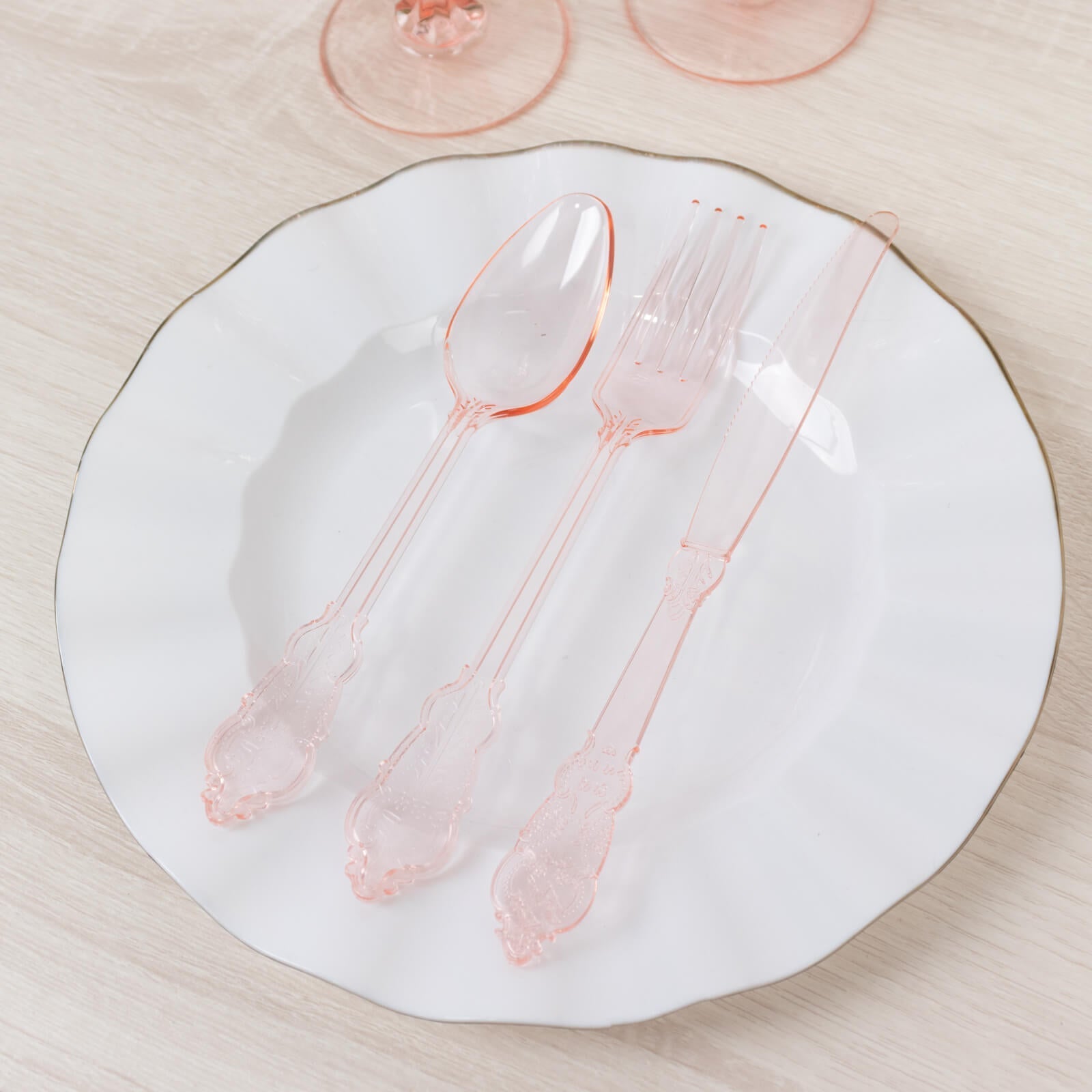 72 Pcs Plastic Silverware Set in Baroque Style Transparent Blush - Heavy Duty Disposable Knife, Fork, and Spoon Set