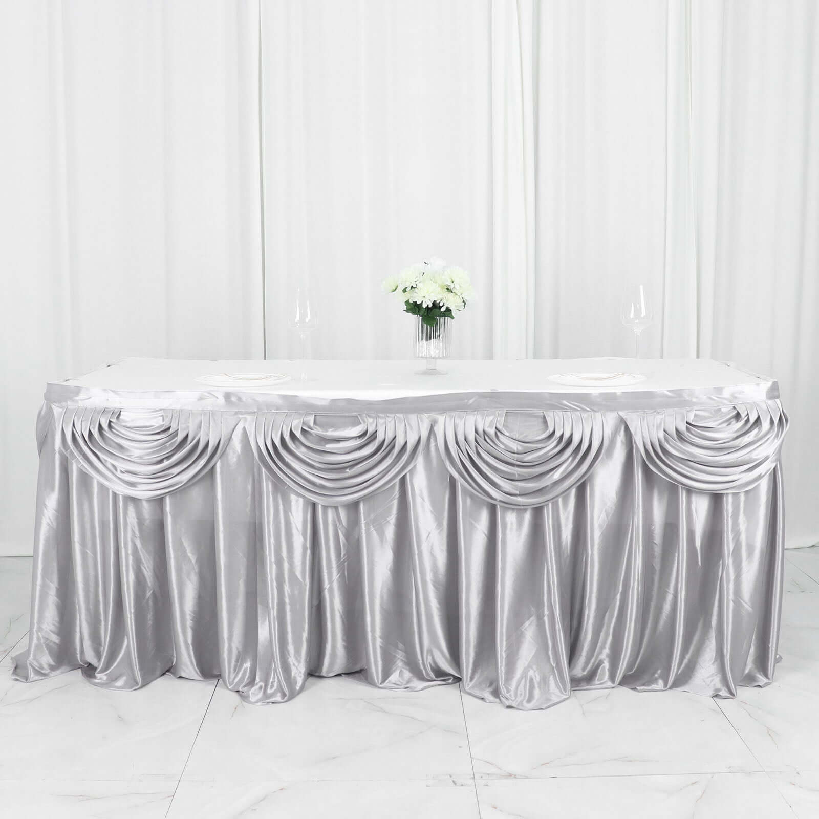 Satin 14ft Table Skirt Silver - Pleated Double Drape Table Cover
