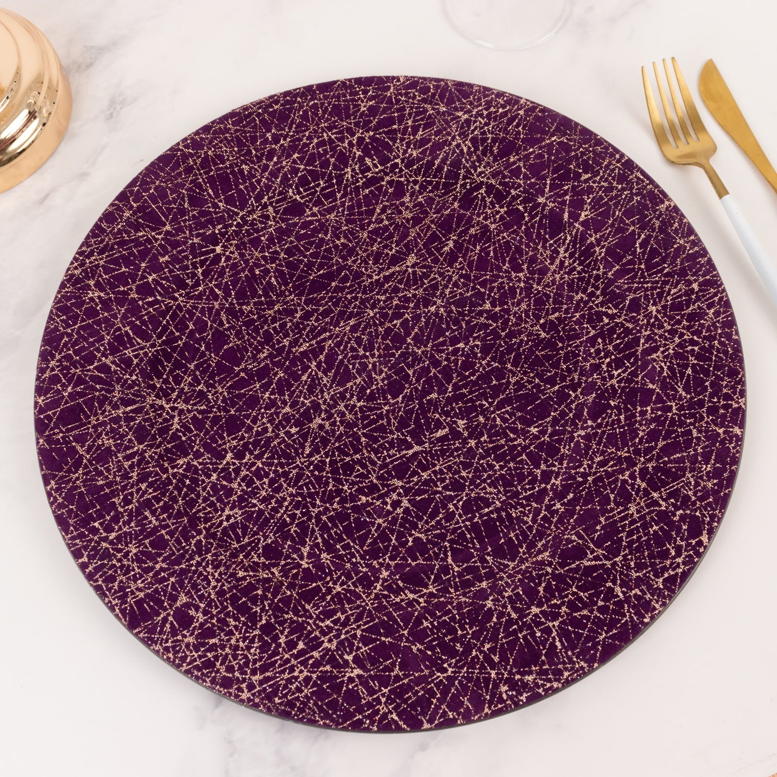 6-Pack Acrylic Round Charger Plates 13" in Purple with Gold Glitter Abstract Lines Pattern, Decorative Dinner Party Charger Tableware
