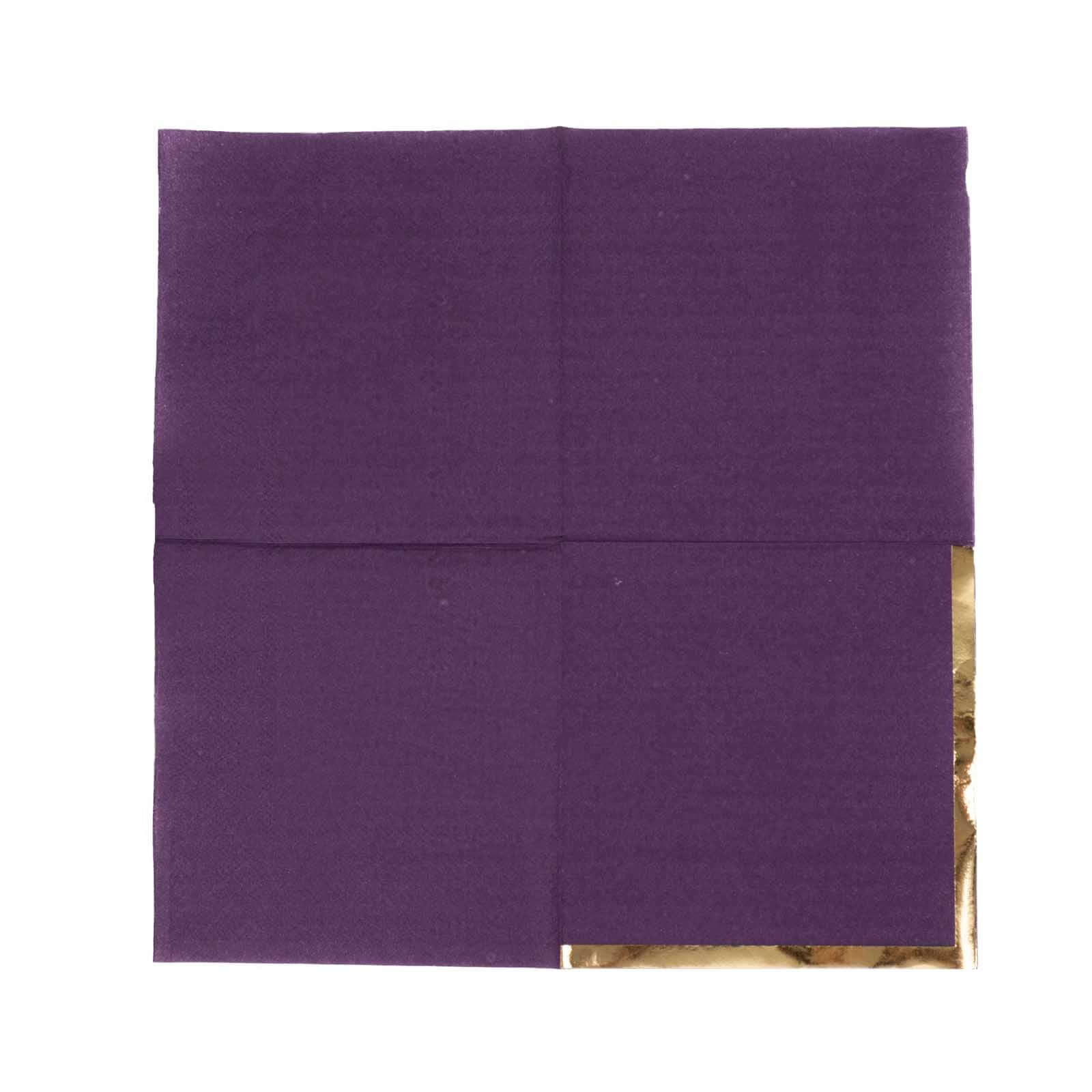 50-Pack Paper Beverage Napkins Purple with Gold Foil Edge - 2 Ply Disposable Soft 18GSM Cocktail Napkins 5"x5"