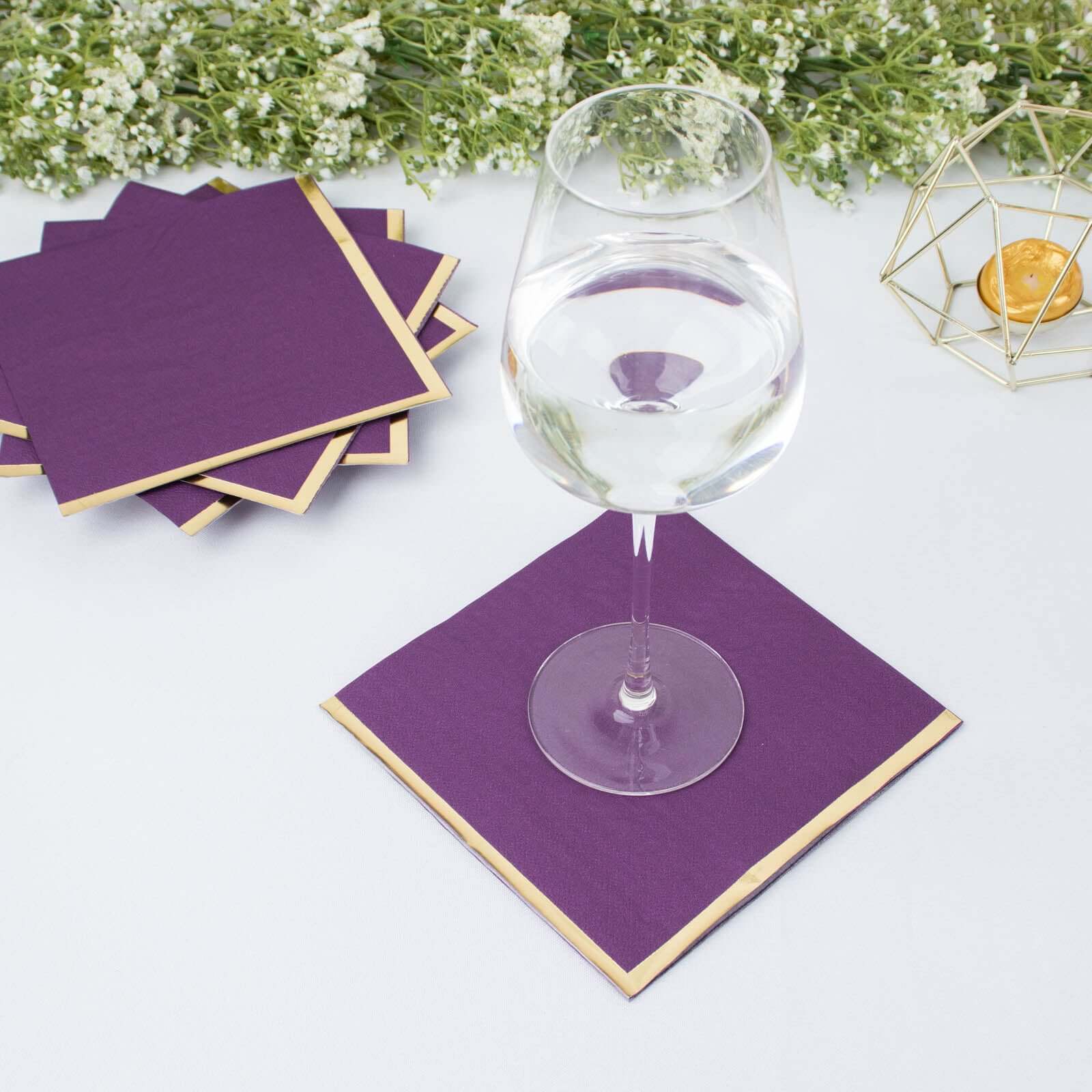 50-Pack Paper Beverage Napkins with Gold Foil Edge Purple - Disposable 2 Ply Cocktail Napkins for Events 6.5"x6.5"