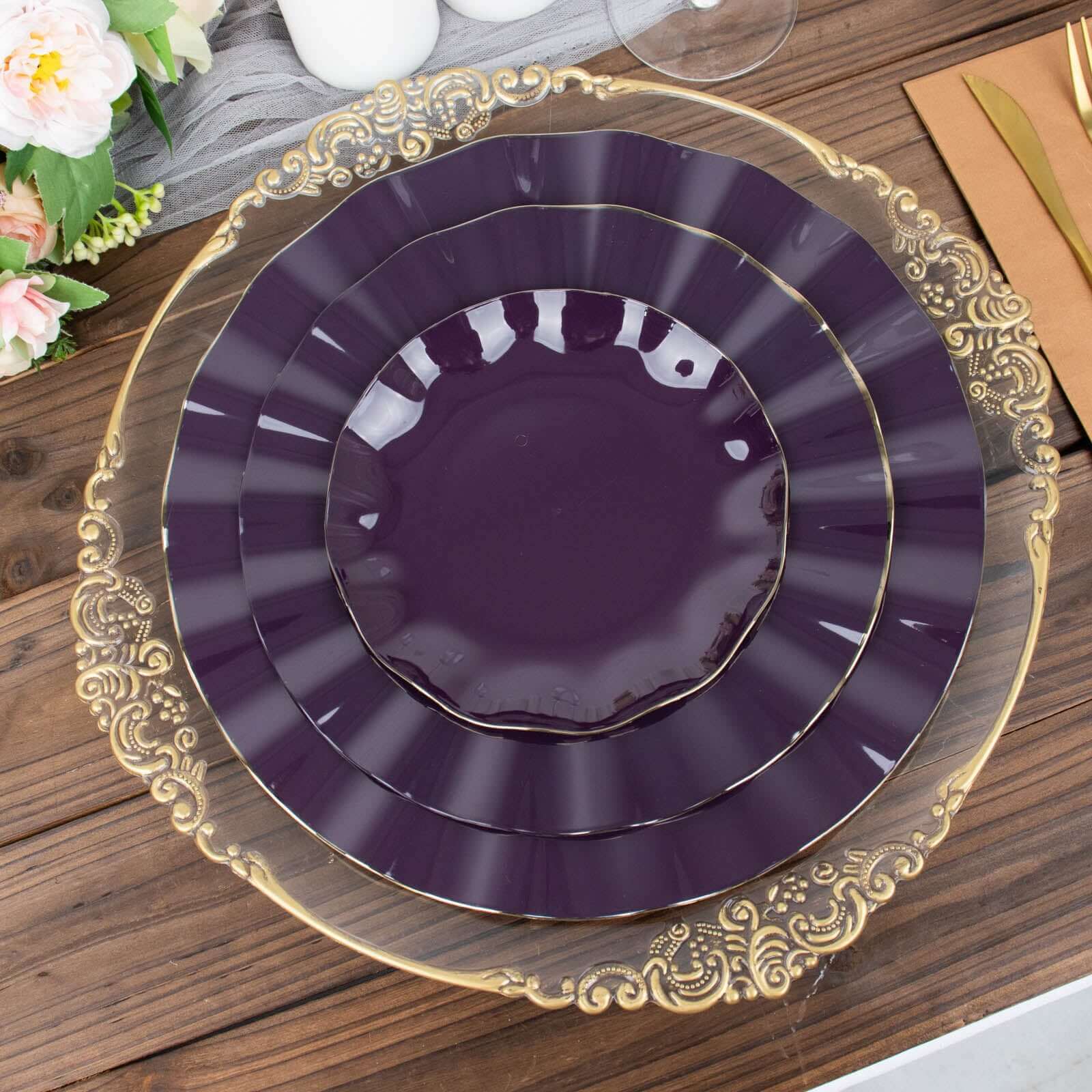10-Pack Plastic 9" Round Dinner Plates in Purple Ruffled Rim with Gold Edging - Sturdy Disposable Dinnerware