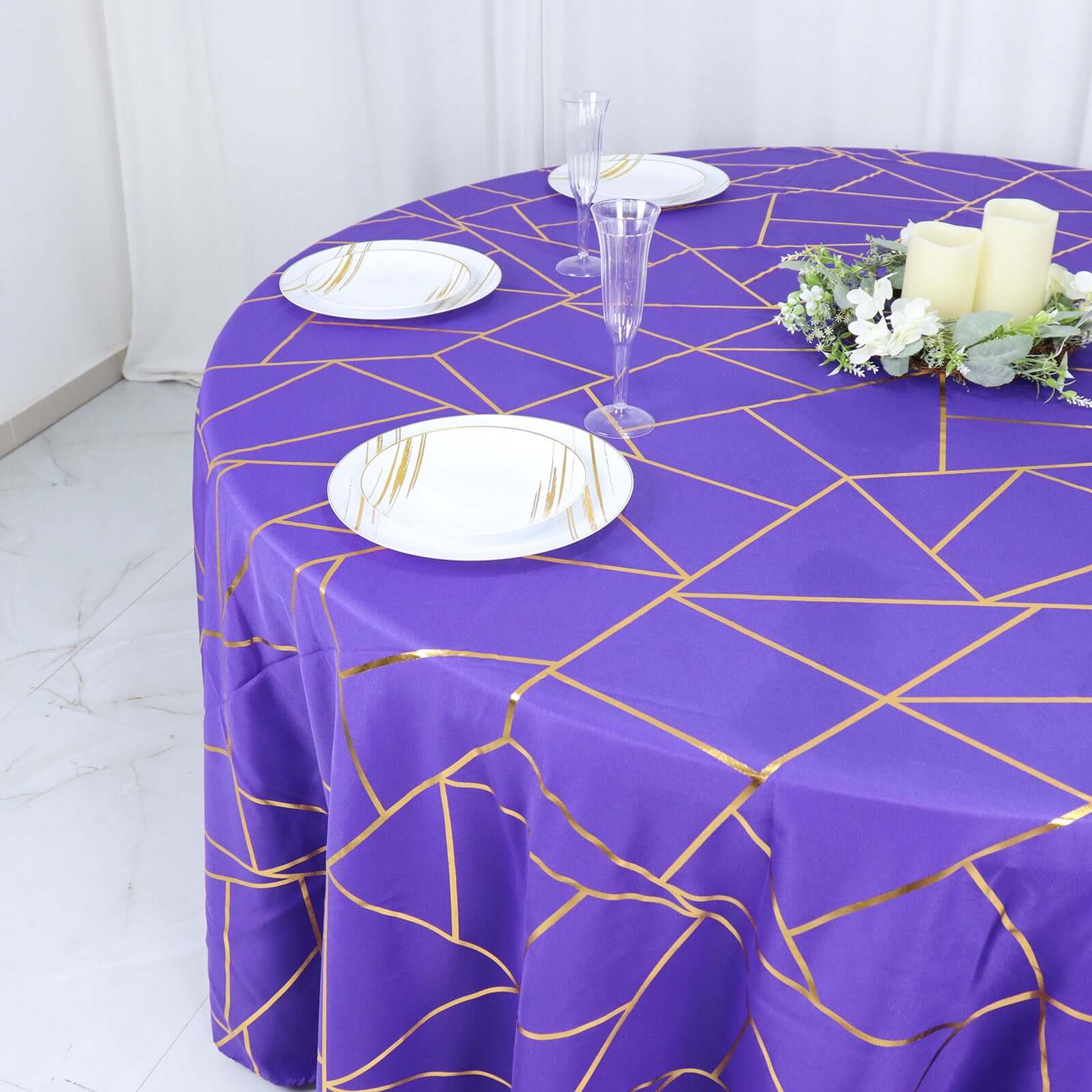 Polyester 120" Round Tablecloth Purple with Gold Foil Geometric Pattern Wrinkle-Resistant Seamless Table Cover