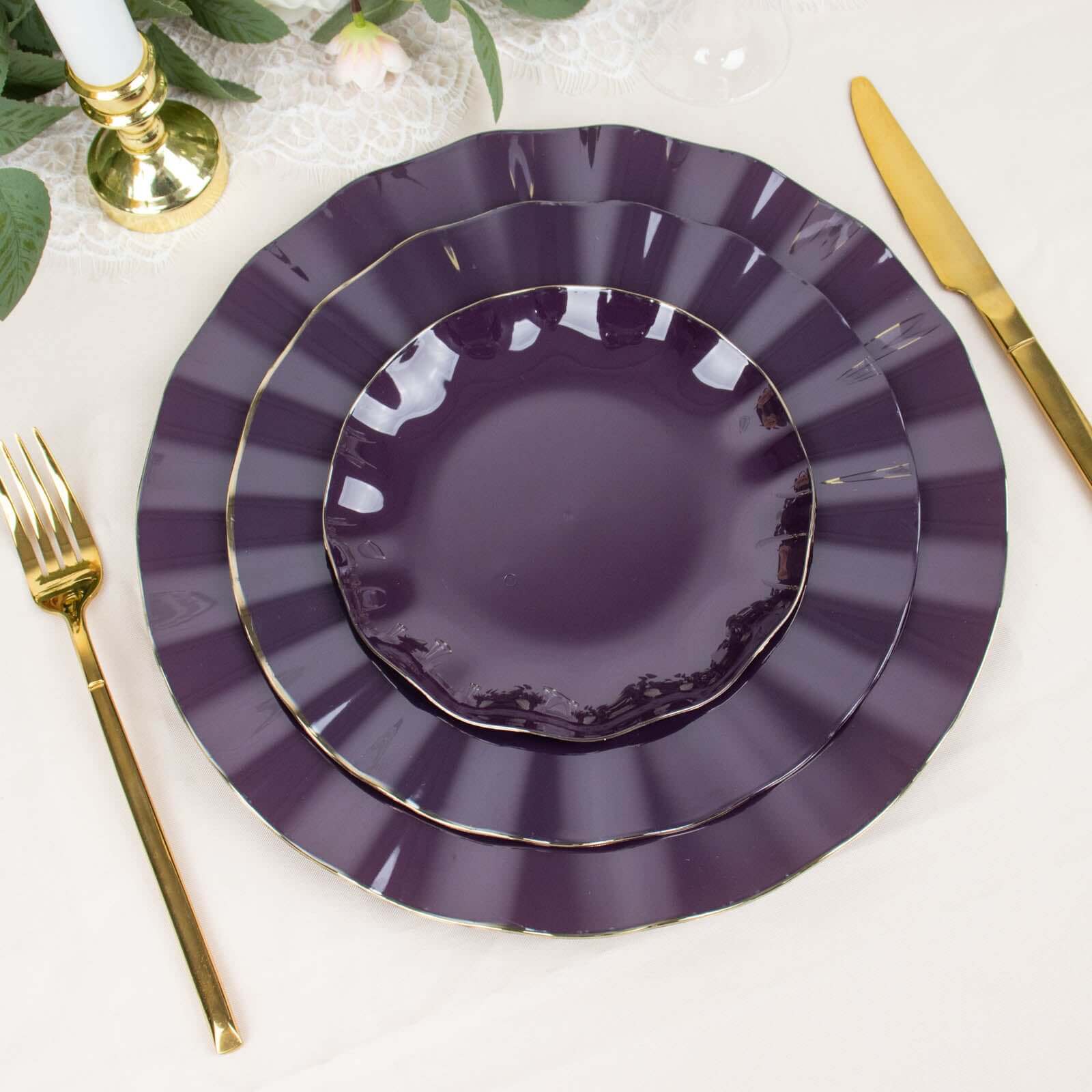10-Pack Plastic Round 6" Dessert Plates in Purple Ruffled Rim with Gold Edging - Sturdy Disposable Salad Appetizer Dinnerware