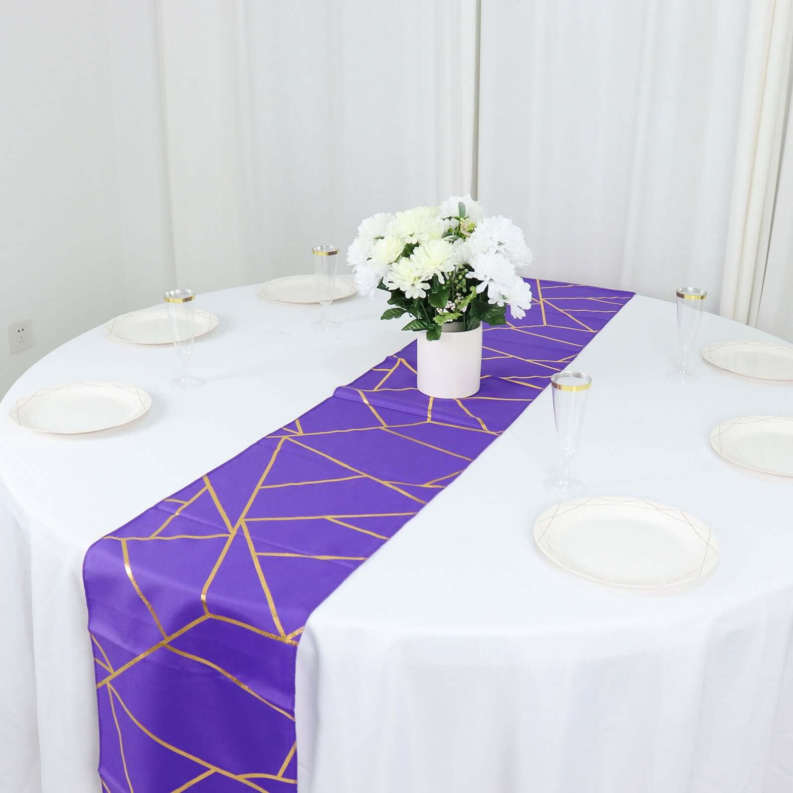 Polyester 9ft Table Runner Purple with Gold Foil Modern Geometric Accent