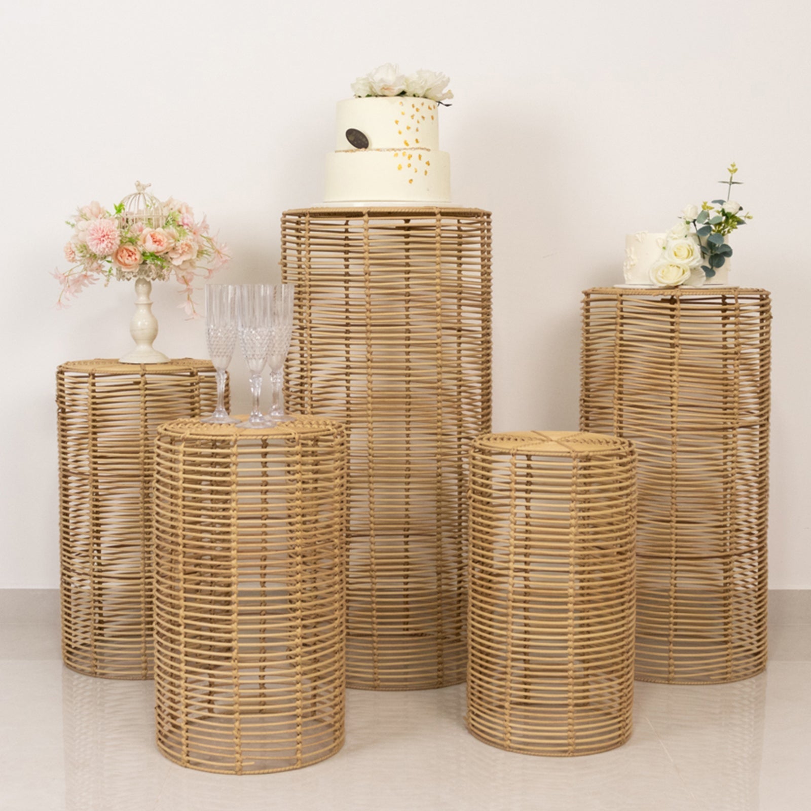 Set of 5 Natural Woven Rattan Wicker Pedestal Stands, Boho Chic Side Table Cylinder Cake Dessert Plant Display Stands - 20",21",24",29",36"