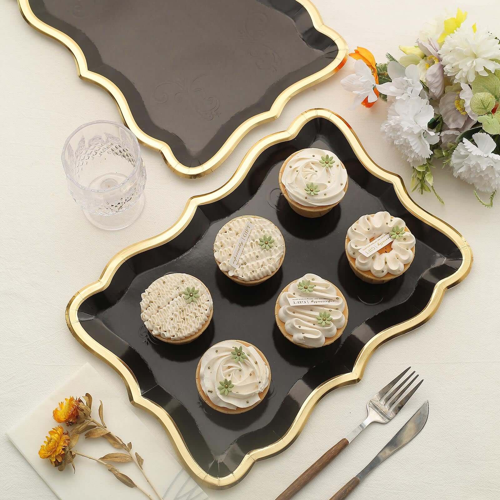 10-Pack Paper 14"x10" Rectangle Serving Trays Black - Heavy Duty Disposable 400GSM Cardboard Party Platters with Exquisite Gold Rim for Weddings & Parties