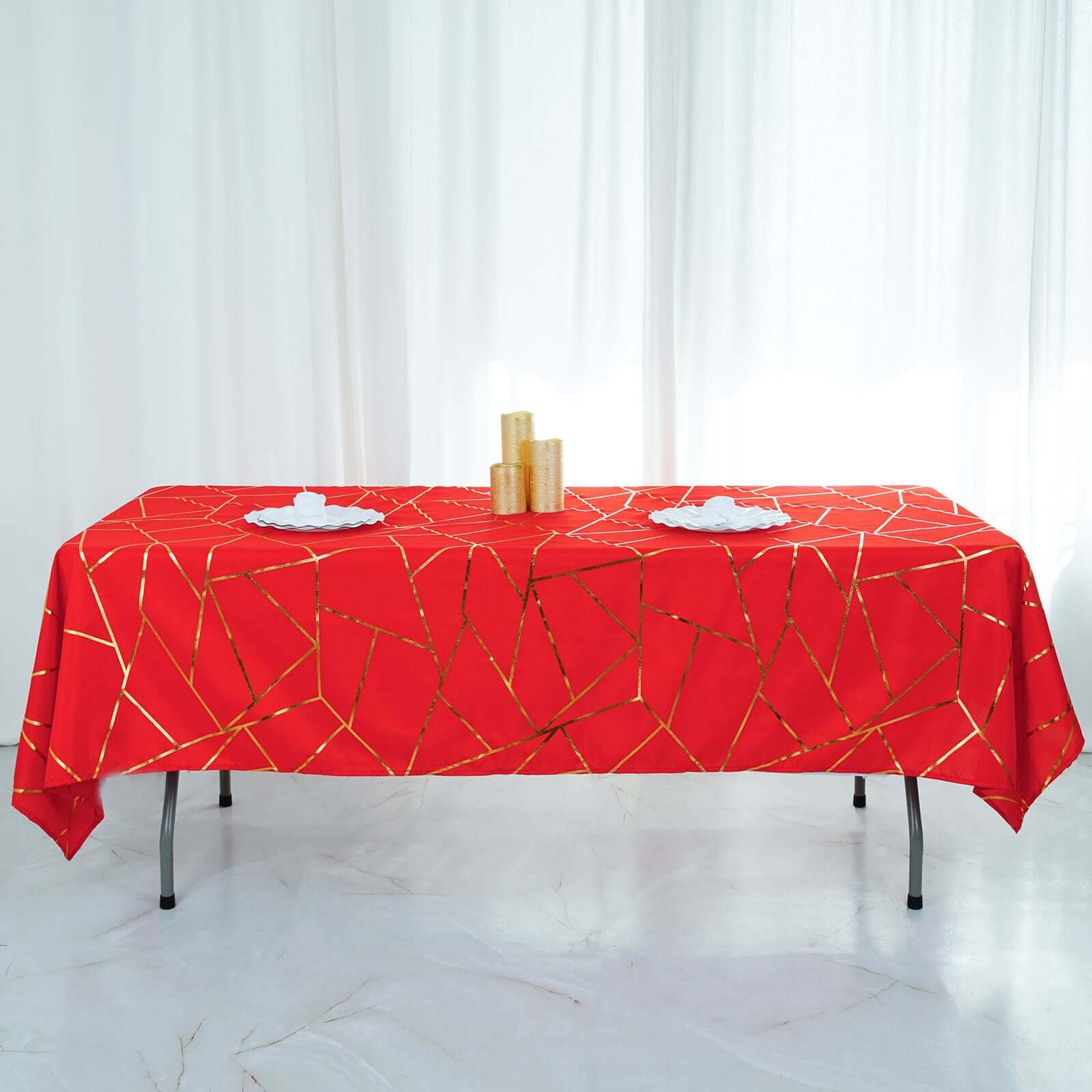 Polyester 60"x102" Rectangle Tablecloth Red with Gold Foil Geometric Pattern - Wrinkle-Resistant & Durable Table Cover