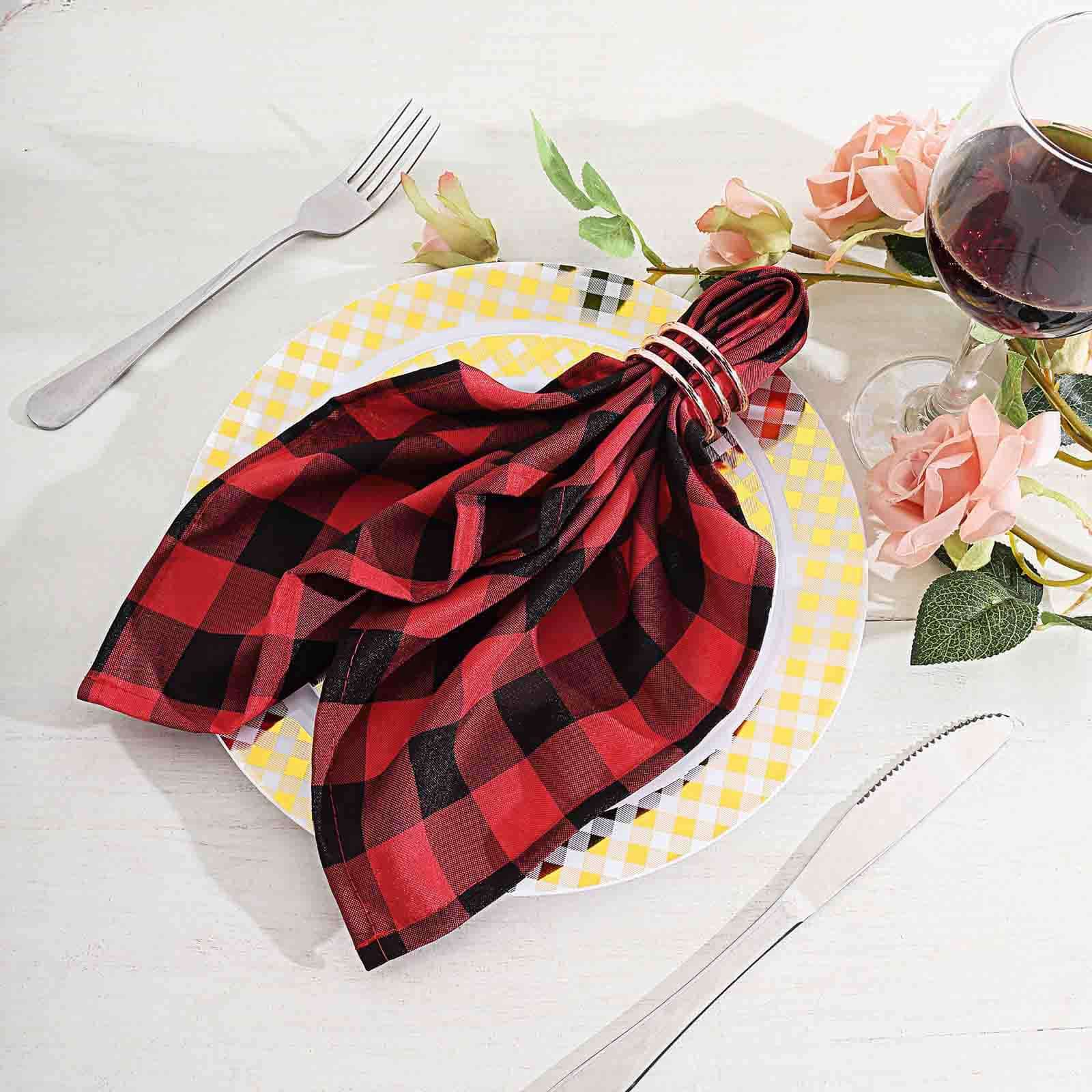 5 Pack Polyester 15"x15" Napkins Black/Red Buffalo Plaid Gingham Style Cloth Napkins