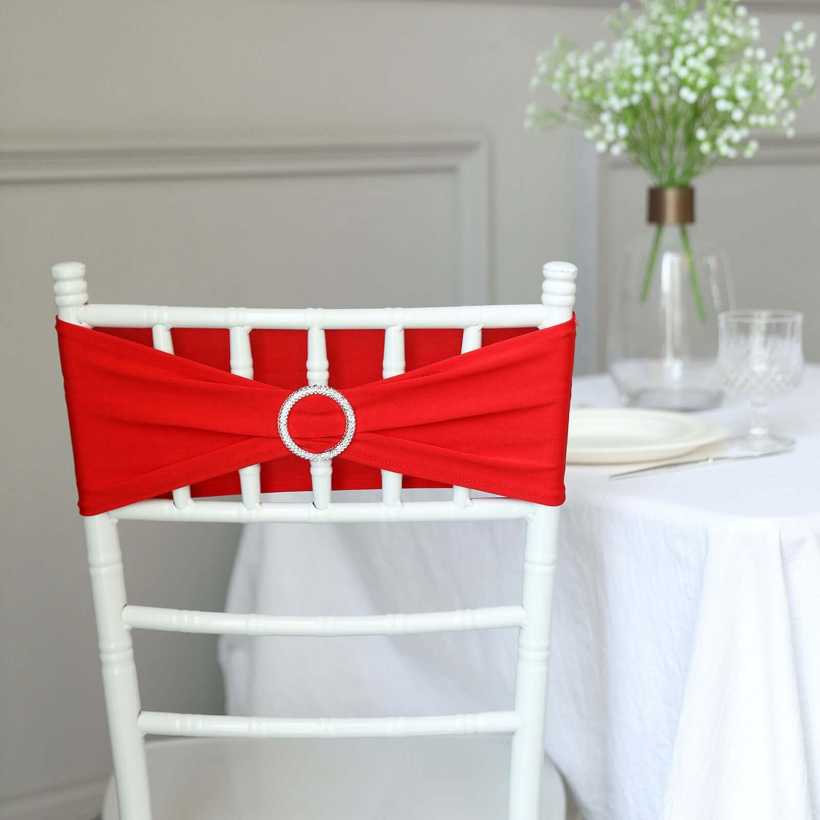 5 Pack Stretch Spandex Chair Sashes Red - Reusable Chair Bands with Silver Diamond Ring Slide Buckle 5"x14"