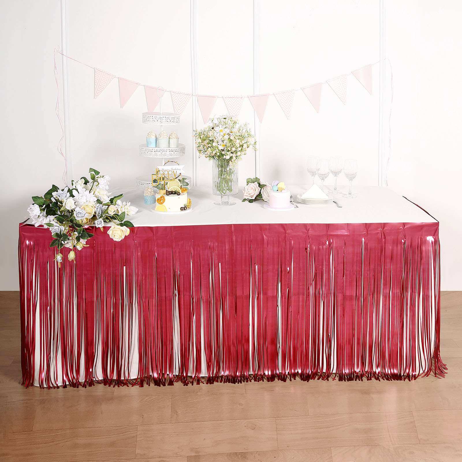 Metallic Foil Fringe Table Skirt Matte Red with Self Adhesive Backing - Durable Tinsel Skirt for Parties 30"x9ft