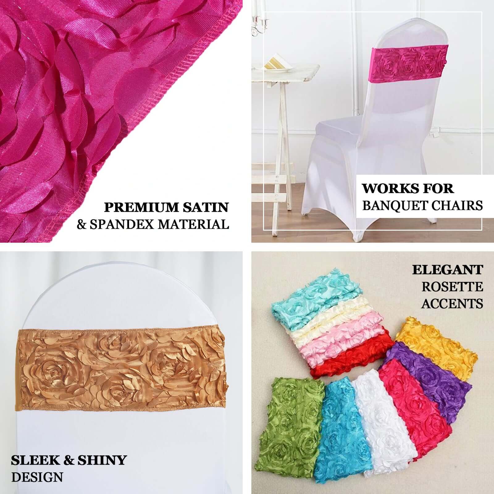 5 Pack Satin Spandex Chair Sashes Red - Rosette Design Stretch Chair Bands 6"x14"