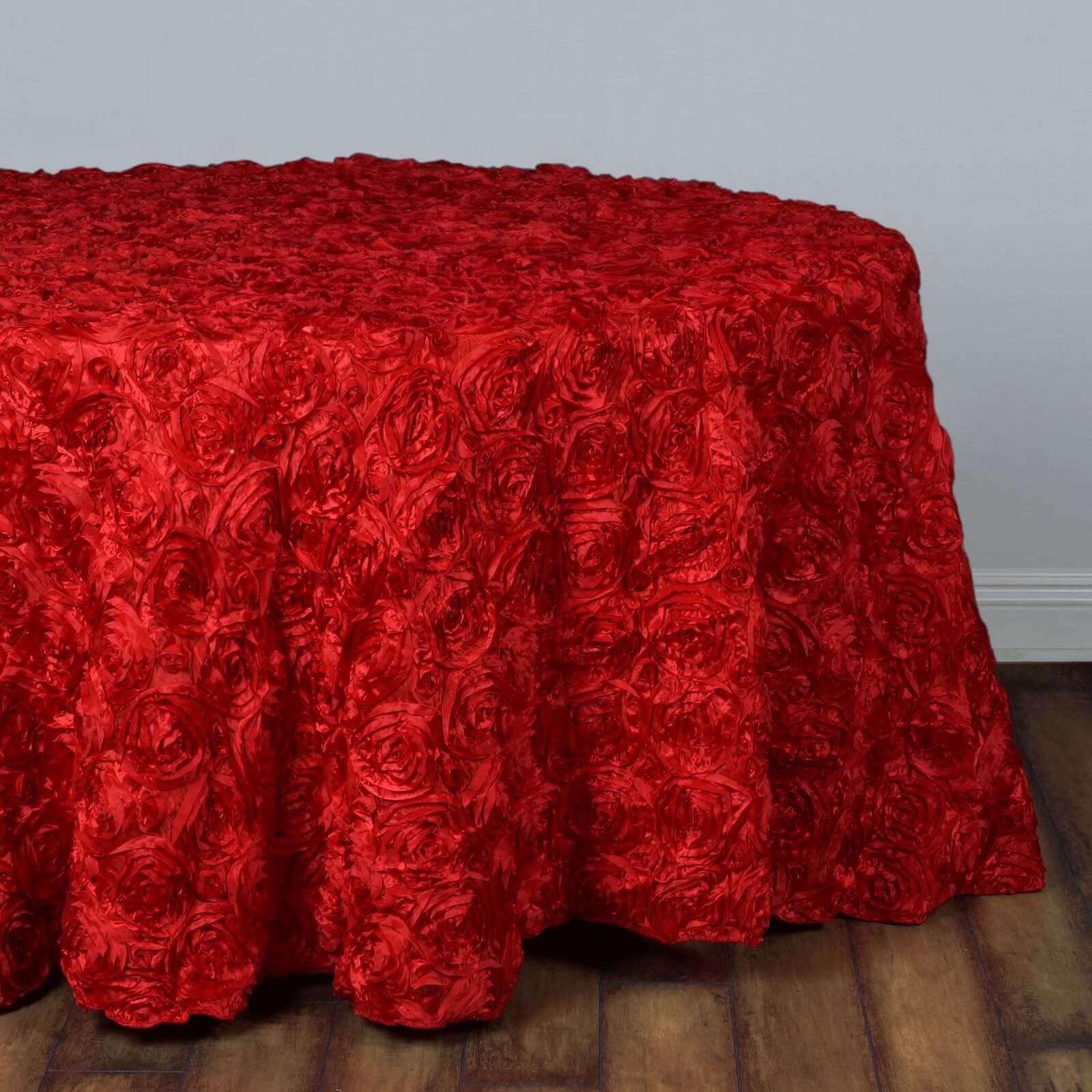 Satin 132" Round Tablecloth Red - Seamless Grandiose 3D Rosette Table Cover