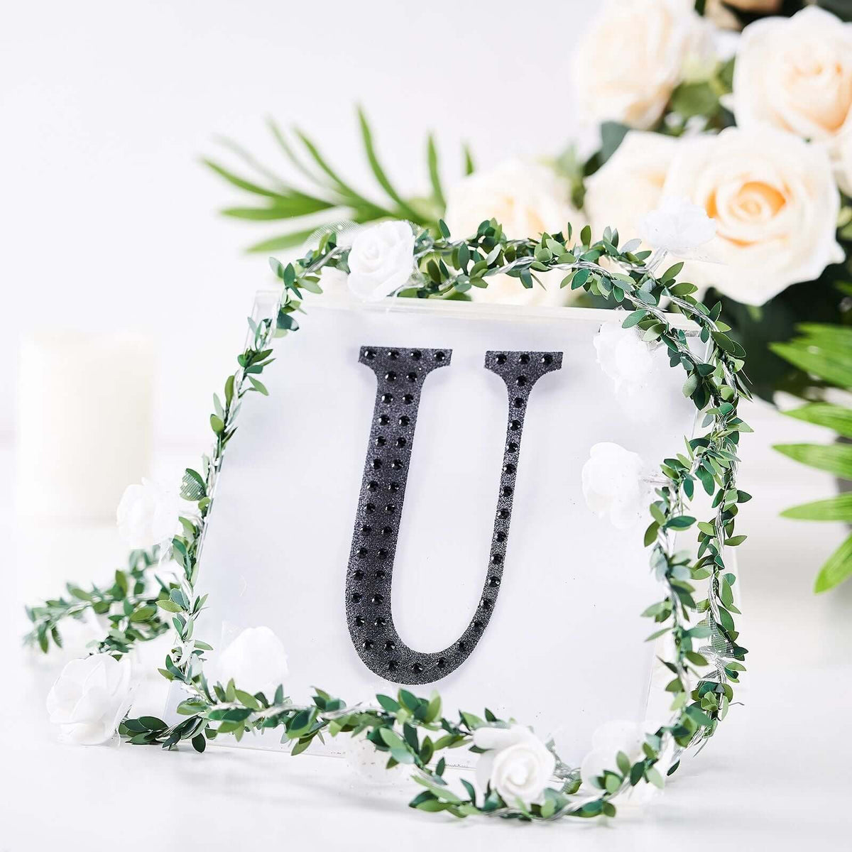 Decorative Rhinestone Alphabet "U" Letter Stickers, Glitter Adhesive Craft Letters Black DIY Sparkle Embellishments 6"