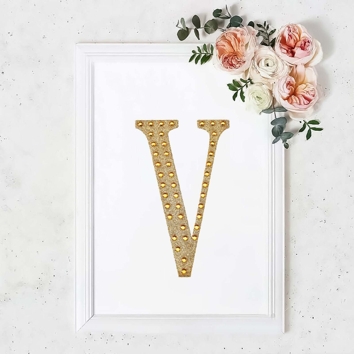 Decorative Rhinestone Alphabet "V" Letter Stickers, Glitter Adhesive Craft Letters Gold DIY Sparkle Embellishments 8"