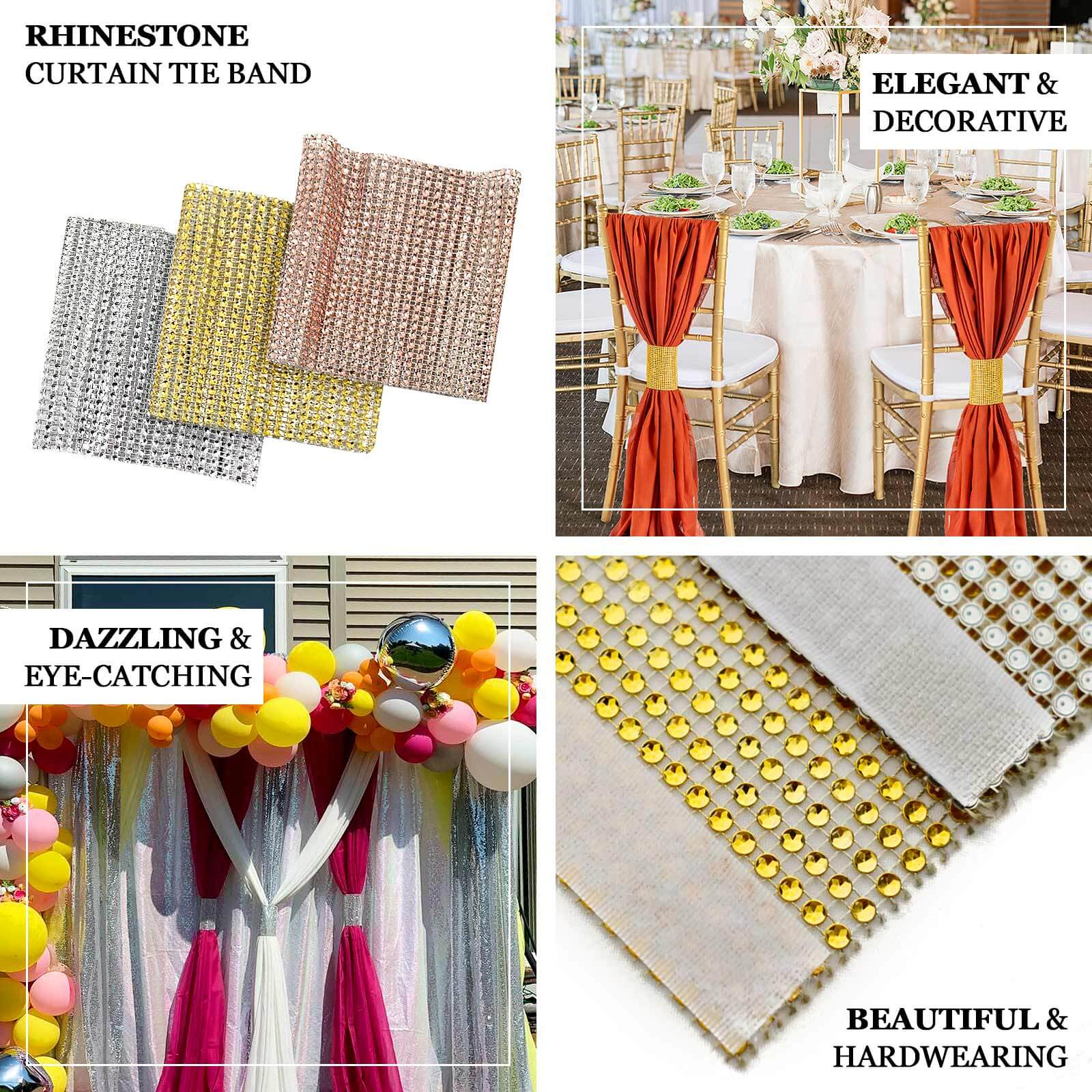 4 Pack Gold Rhinestone Mesh Velcro Backdrop Curtain Bands, Large Chair Sash Clip Tie Backs - 5"X10"