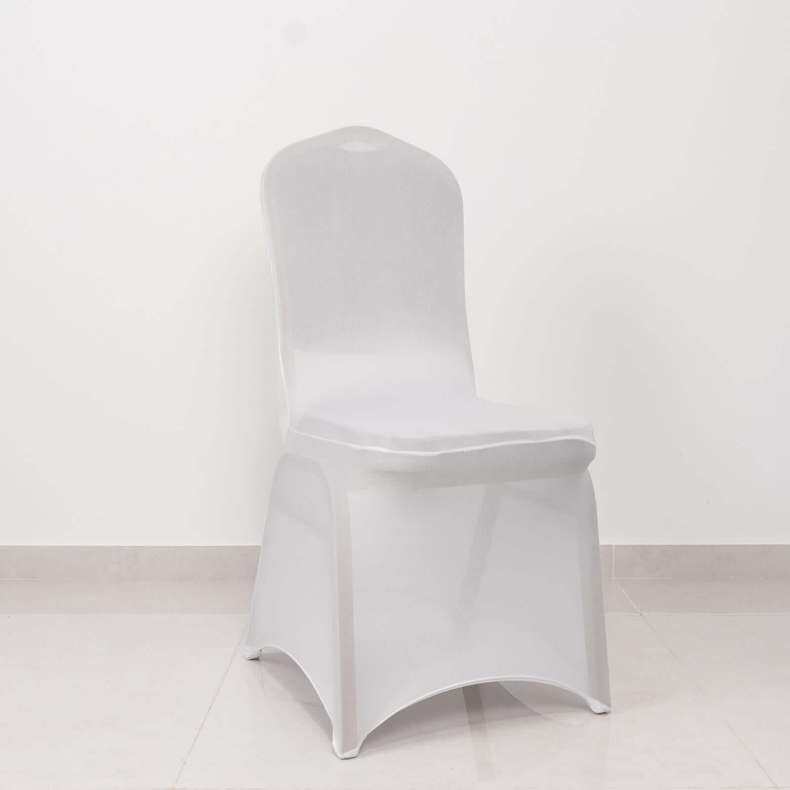 Spandex Chair Cover with Silver Rhinestone Buckled Sash Band White - Stylish Stretch Fitted Slipcover for Banquets & Events