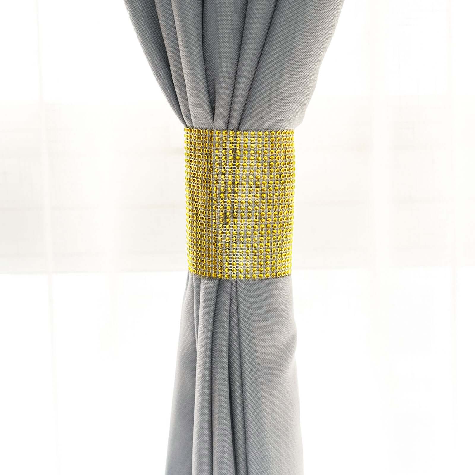 4 Pack Gold Rhinestone Mesh Velcro Backdrop Curtain Bands, Large Chair Sash Clip Tie Backs - 5"X10"