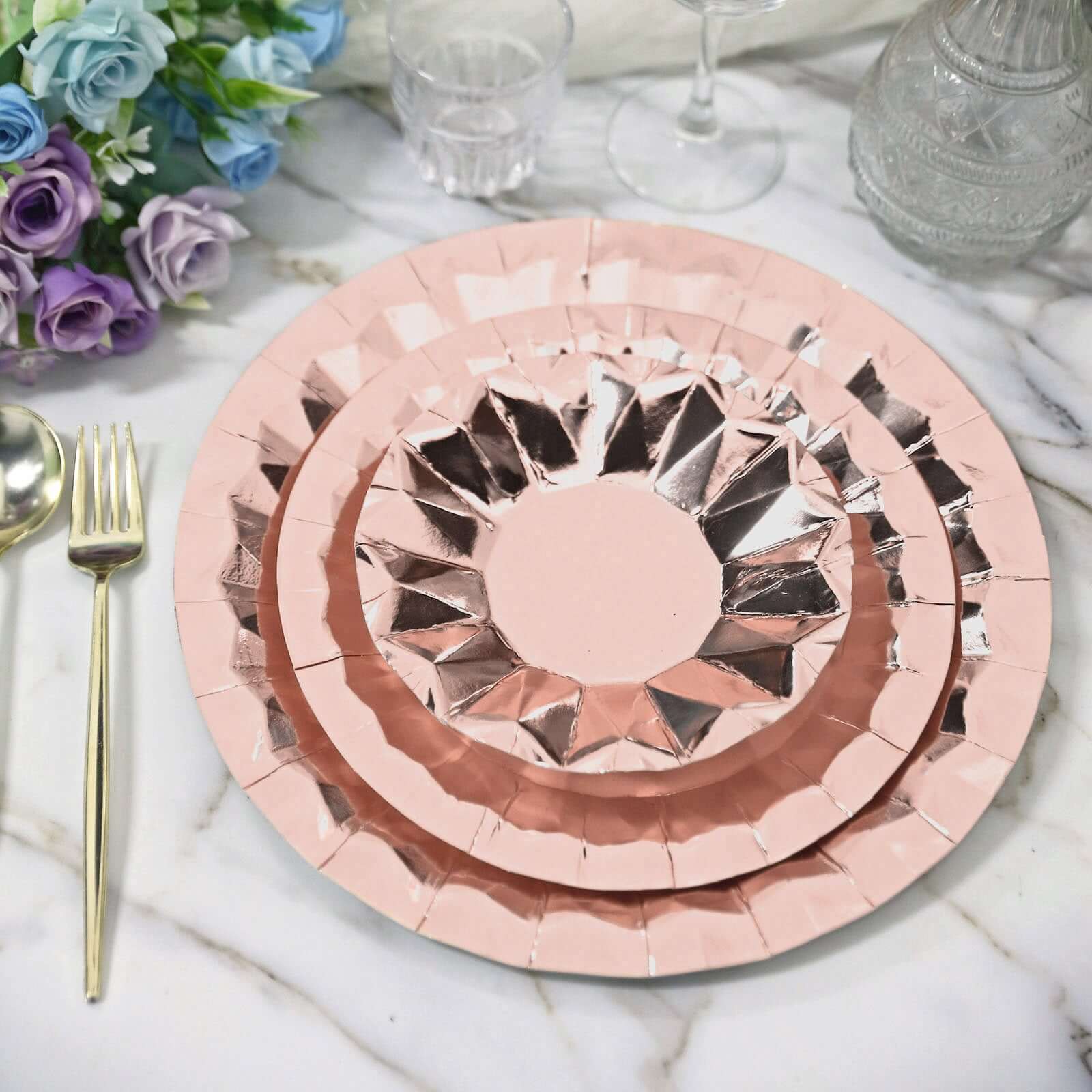 25-Pack Paper 12" Round Charger Plates in Metallic Rose Gold with Geometric Prism Design - Disposable 400GSM Serving Trays