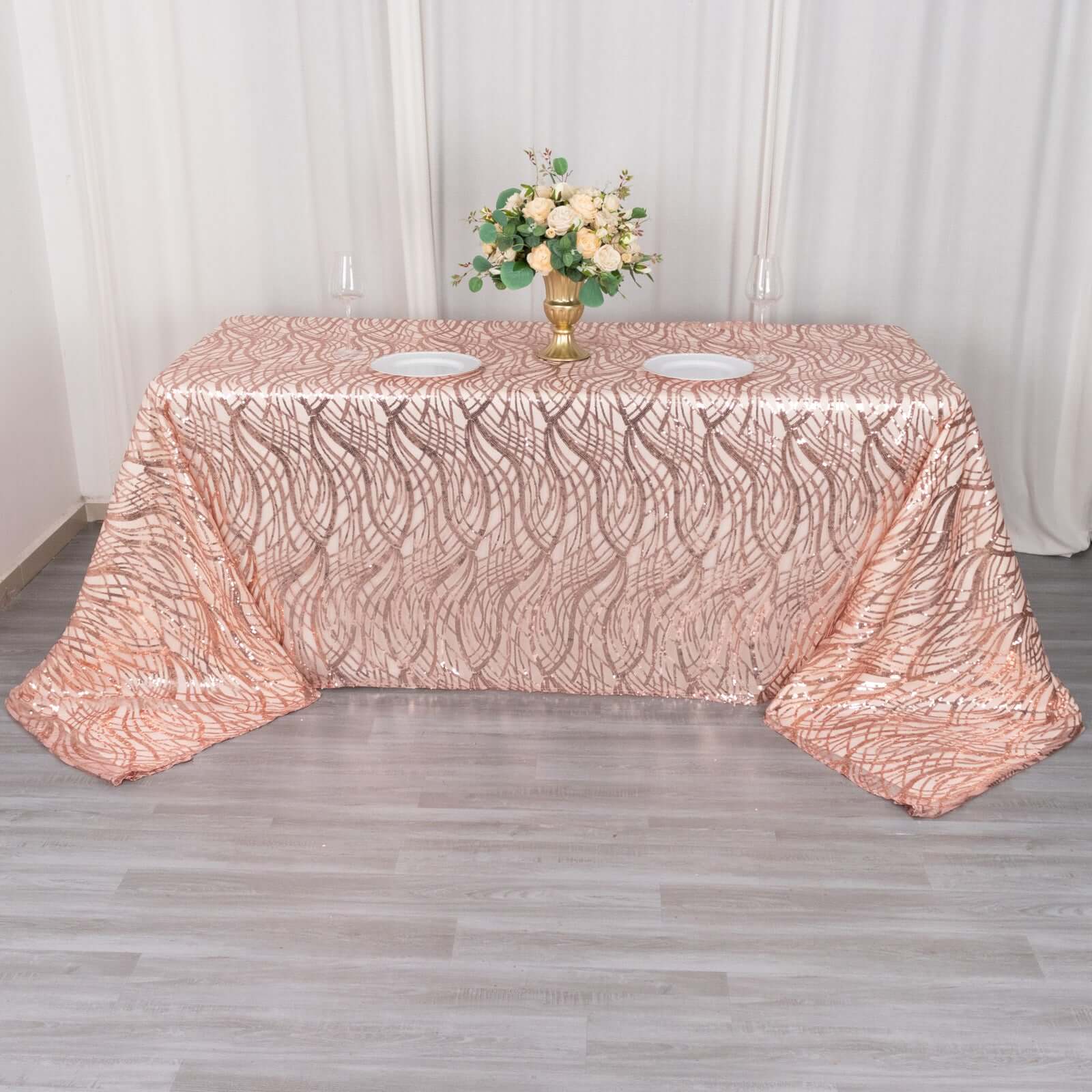 Mesh 90"x156" Rectangle Tablecloth Rose Gold - Wave Sequin Embroidered Table Cover