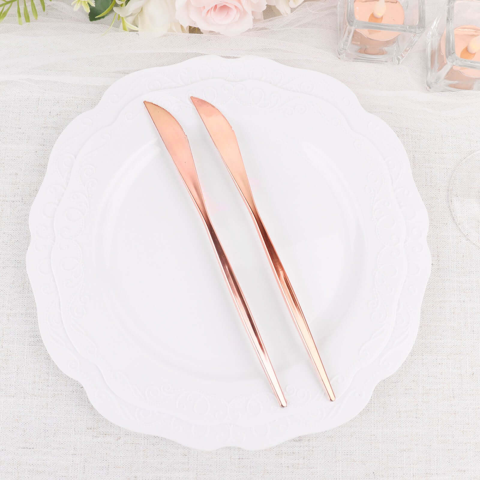 24-Pack Plastic Knives Glossy Rose Gold - Premium Heavy Duty Disposable Flatware Cutlery 8"